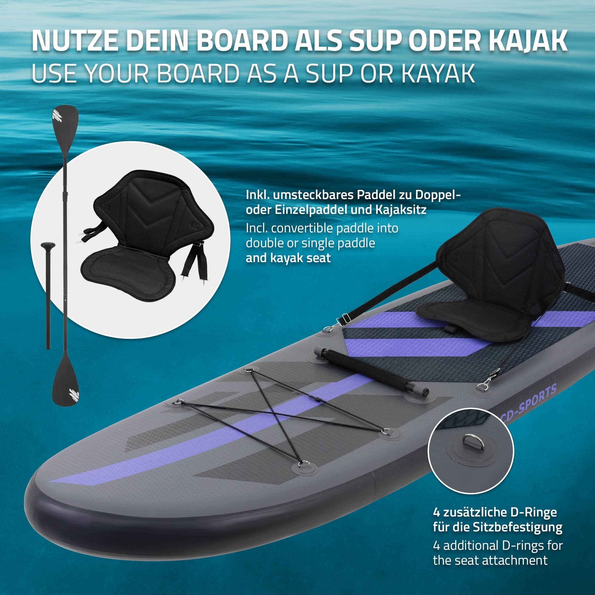 ECD Germany nadmuchiwana deska SUP 305/308/320/380 cm udzwig 120–150 kg grubosc 10–15 cm z siedziskiem kajakowym torba transportowa wioslem Deska do plywania surfowania rózne warianty