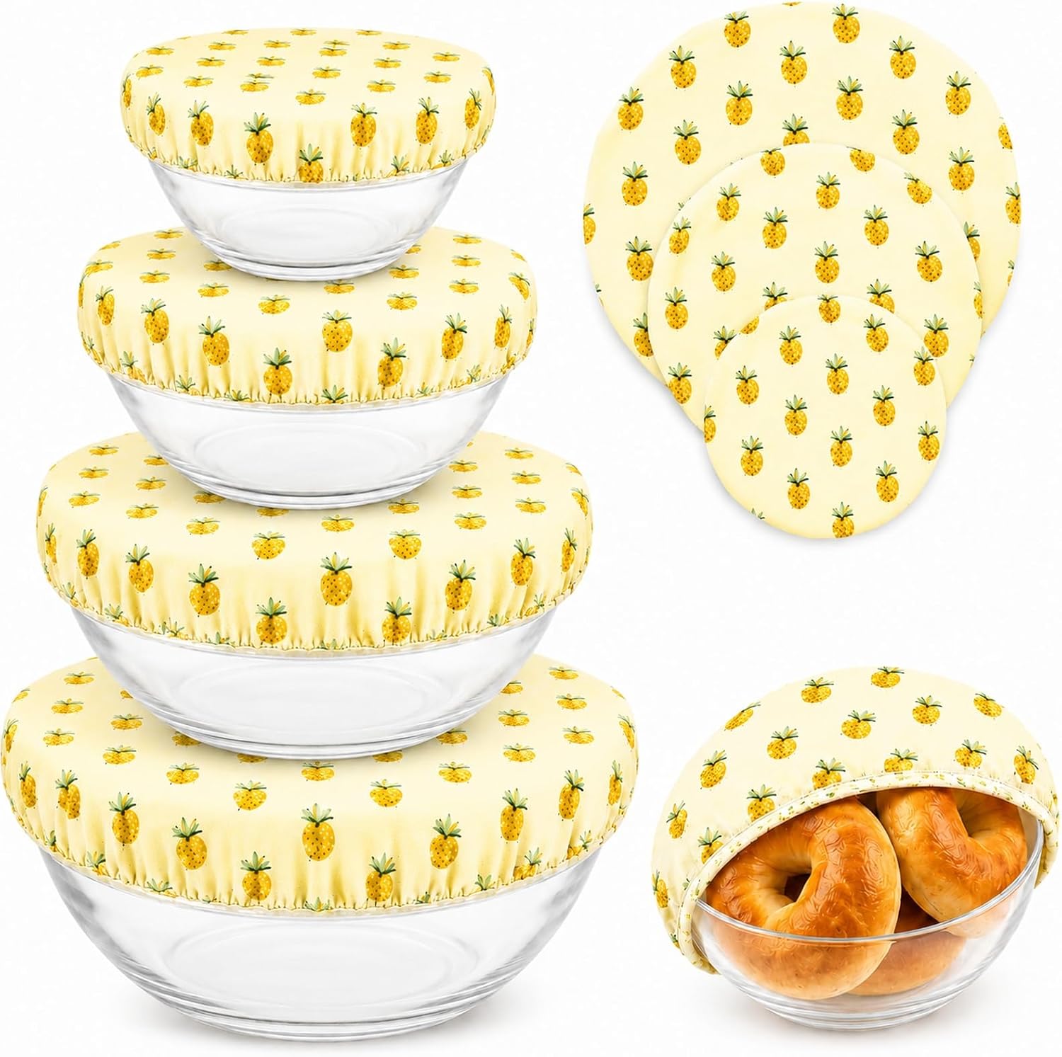 GOOGO Reusable Cotton Bowl Covers Set of 4, Breathable Elastic Food Covers for 11-12 Inch Bowls, Washable Fabric Bowl Lids for Sourdough Proofing, Leftovers, Picnic Food and Kitchen Storage, Pineapple