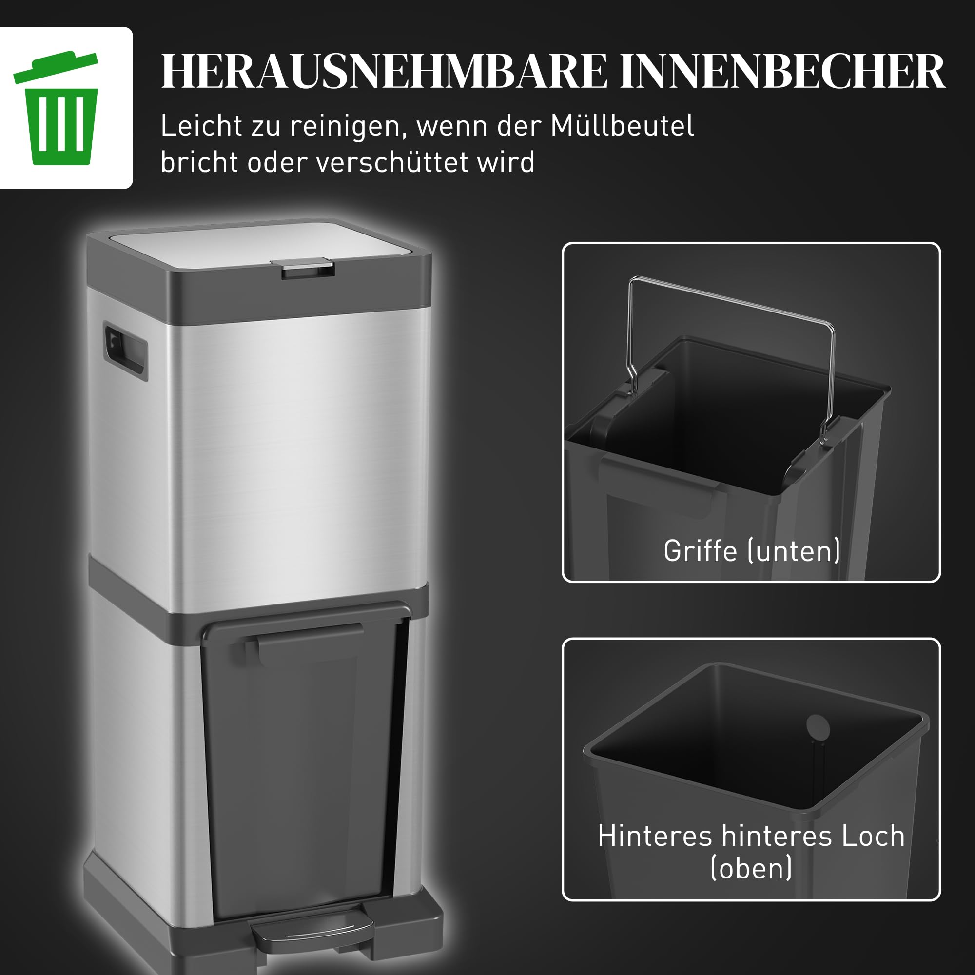 HOMCOM Mülleimer 20+14L 2 Fächer Deckel Fußpedal Silber 32,5x31,5x78 cm | Abfalleimer, Kippfach, Herausnehmbare Inneneimer, Soft-Close-Funktion, Edelstahl, Wohnzimmer Büro