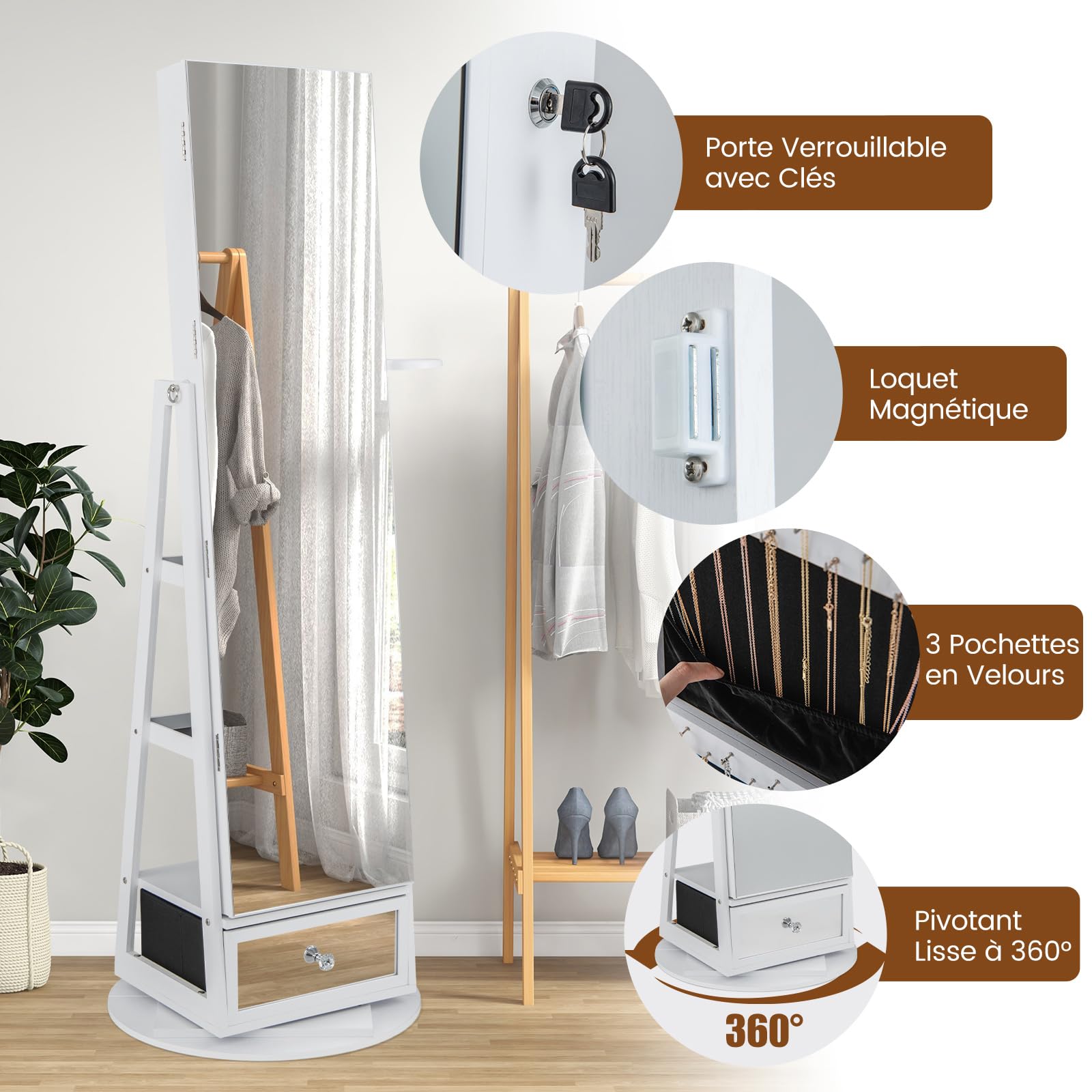 COSTWAY Armoire à Bijoux avec Miroir sur Pieds, Pivotant 360°, Lumières LED, Miroir Psyché sans Cadre, Verrouillable, Support pour Sèche-Cheveux, Étagères à l’Arrière, Grand Tiroir, Blanc