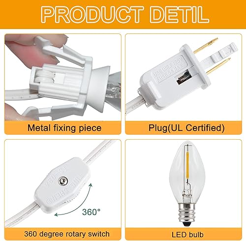 Miniatura 3 de 4 juegos de cable de accesorios C7 con una bombilla LED, cable blanco de 6 pies, con certificación UL, C7, luces LED de aldea de Navidad