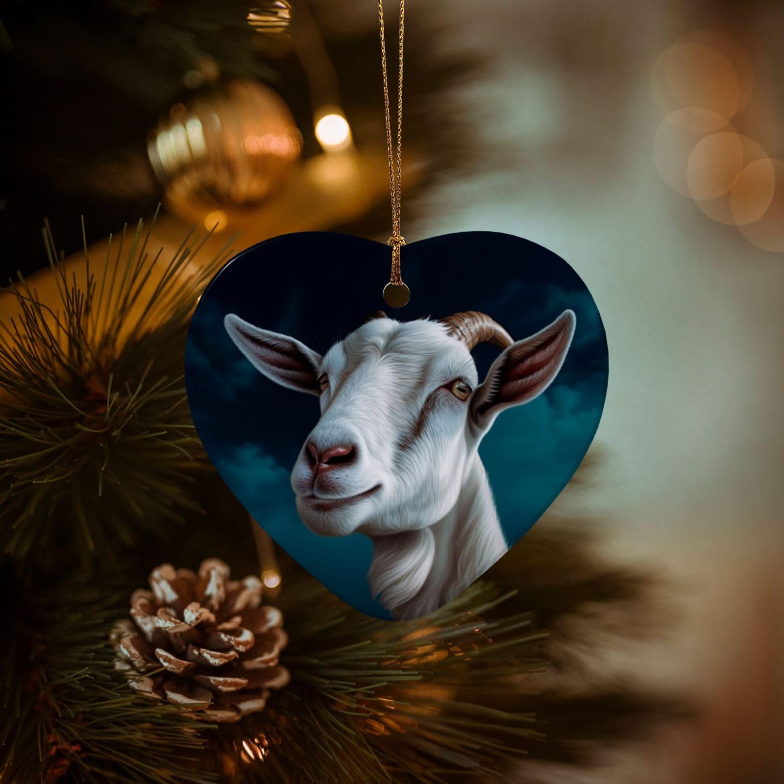 Christmas Ornaments for Christmas Tree Decoration Hanging Goat Ornament with Gold Ribbon Crafts Heart Shape Ceramic Pendant for Keepsake Gifts Xmas Decor Party Supplies