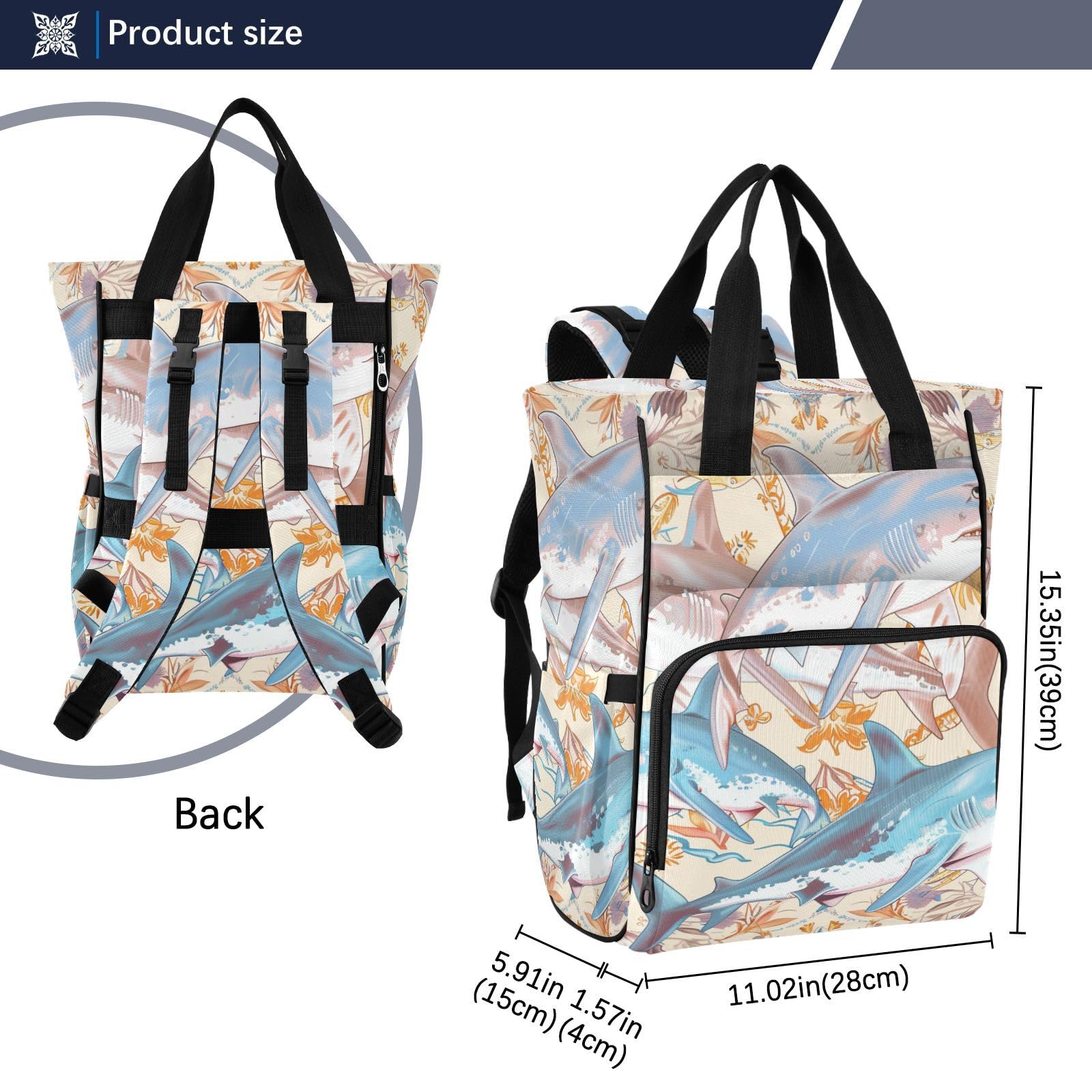 Duże torby na pieluchy unisex do podróży styl boho kwiat kwiatowy rekiny