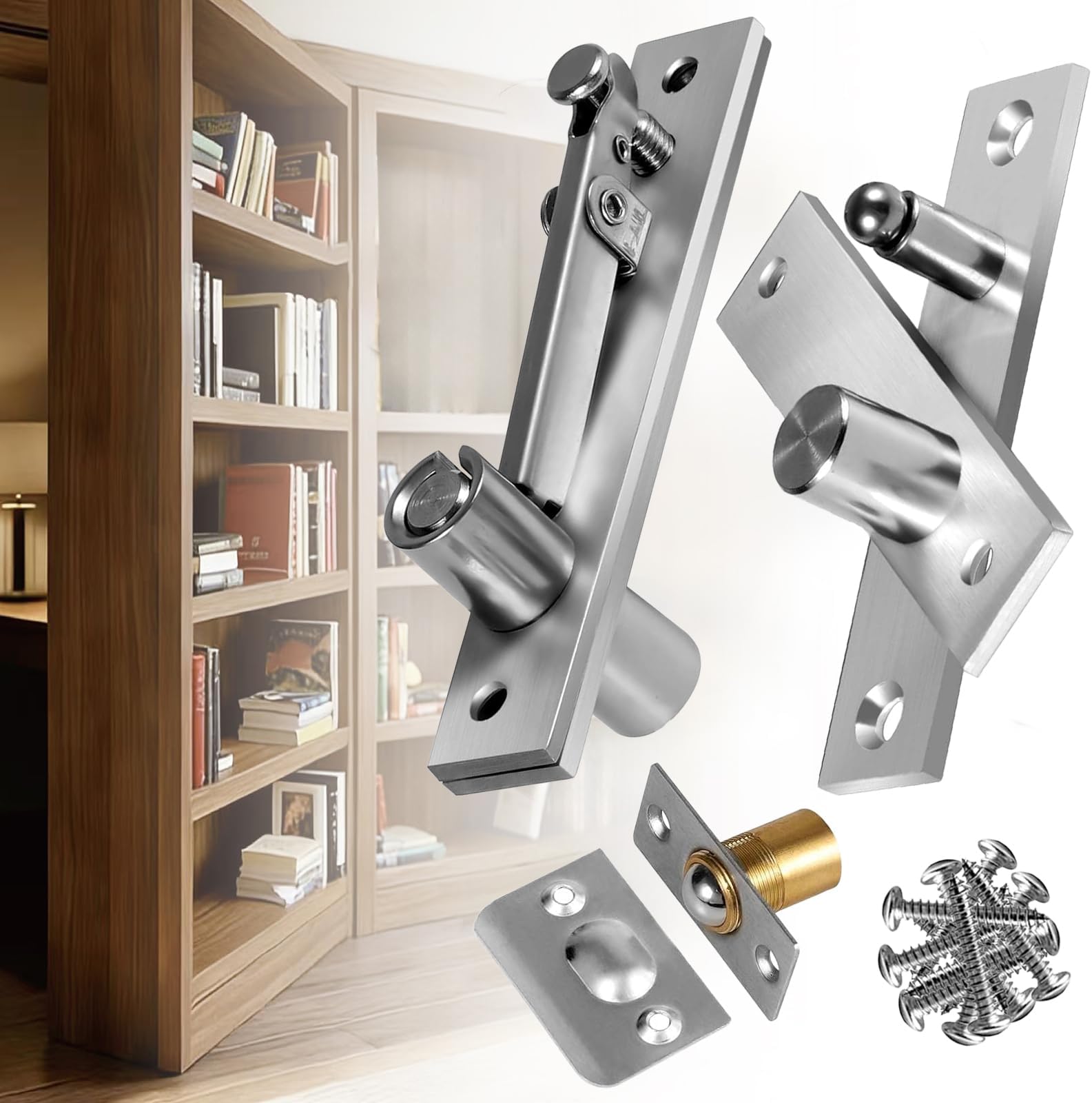 Door Pivot Hinges,Invisible Pivot Hinge System with Door Ball Catch Hardware for Max 200 lb Heavy Duty Wood Doors & Hidden Door Bookcase & Secret Door,360 Degree Rotation,Stainless Steel (Type I)