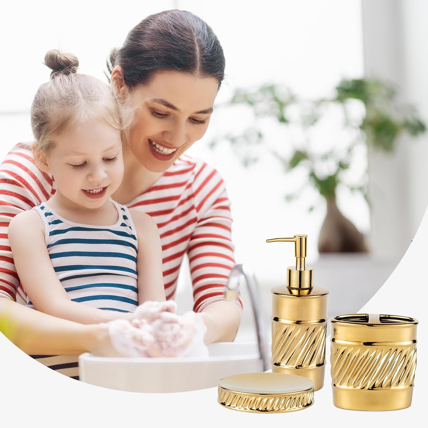 3-Piece Ceramic Bathroom Accessories Set - Soap Dispenser, Toothbrush Holder & Soap Dish with Modern Wave Embossed Design for Bathroom Accessory Set (Gold)