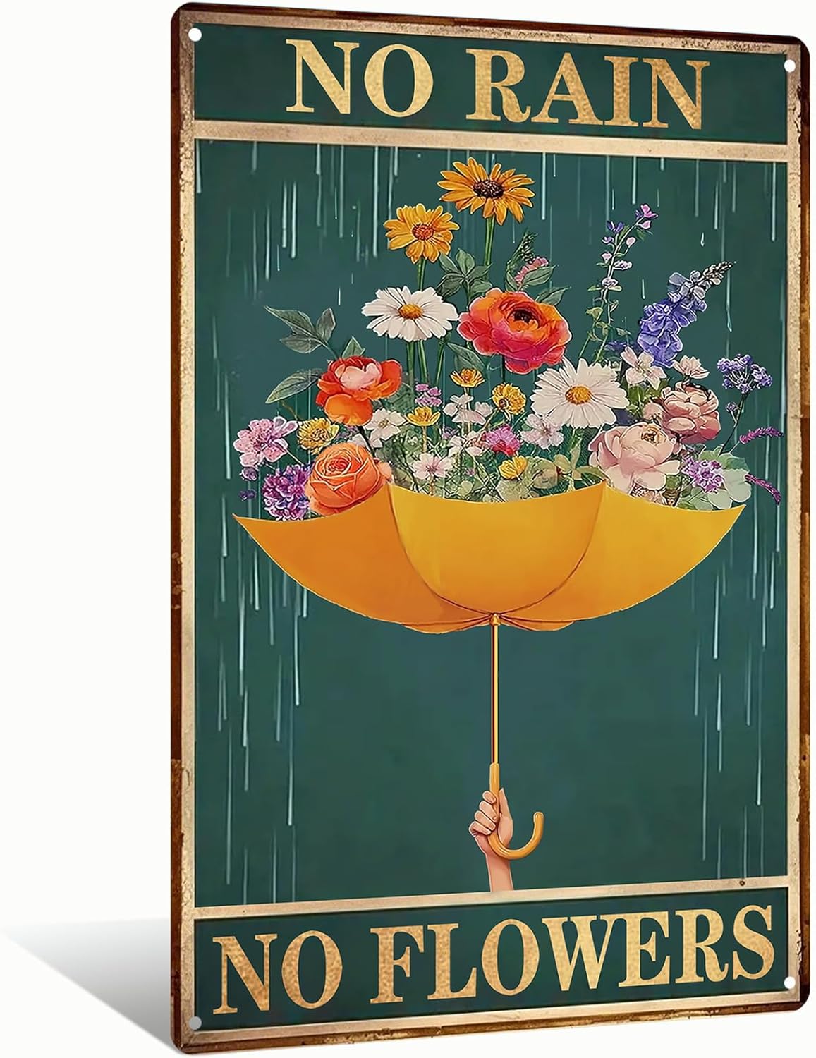 Yiruhe No Rain No Flowers Vintage Tin Hippie Boho Wall Art Encouragement Gifts for Women Home Office Bedroom Living Room Cafes Wall Decor 8×12 Inch (25141)