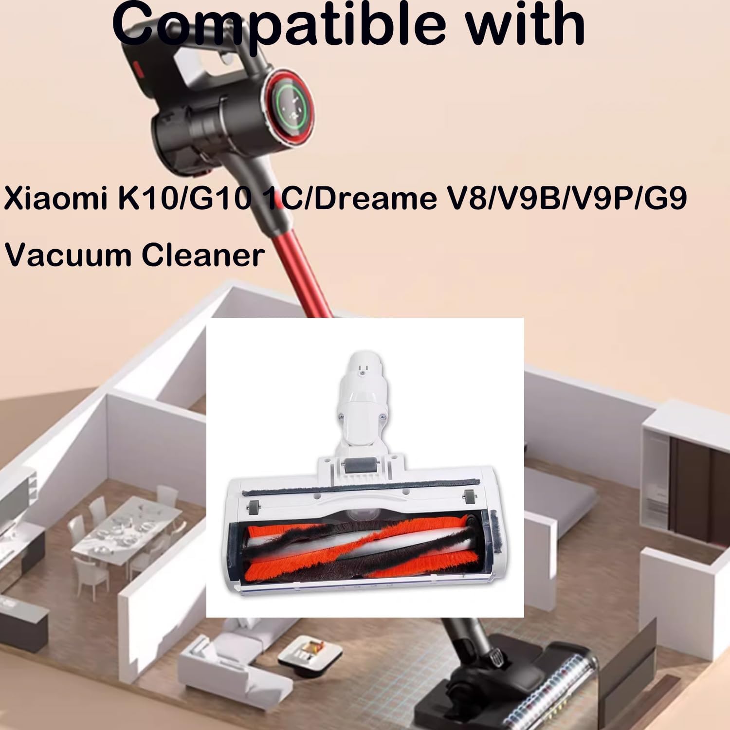Head Replacement Parts Compatible with Xiaomi K10/G10 1C/Dreame V8/V9B/V9P/G9 Vacuum Cleaner Electric Floor Brush Head, Parts Hardwood Floor Attachment with LED Headligh (The interface is fine needle)