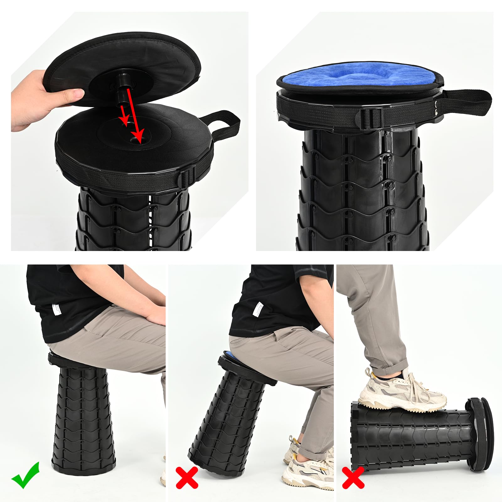 Lot de 2 tabourets pliants télescopiques, extensibles, capacité de charge maximale de 181 kg, tabouret télescopique portable avec coussin pour camping, randonnée, barbecue en plein air - Noir