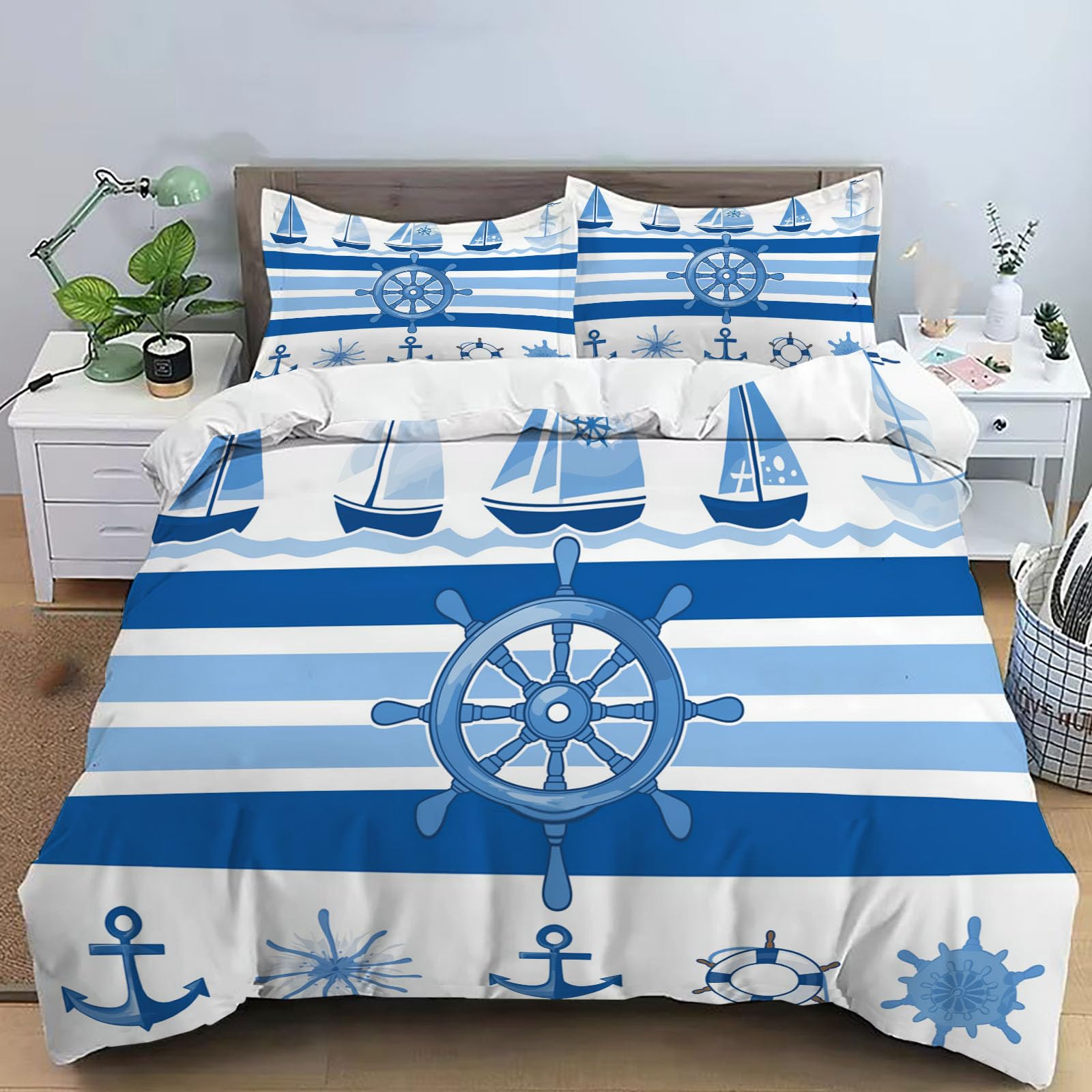 Parure de lit 260x240cm bleu et blanc à rayures pour chambre d'enfant