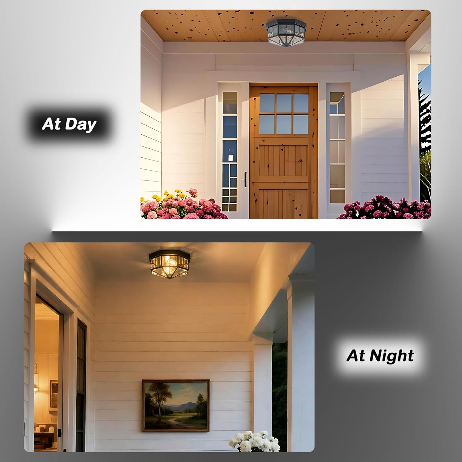 Outdoor Ceiling Light with Motion Sensor, 2-Light Copper Flush Mount Porch Light, Octagonal Outdoor Flush Mount Ceiling Light, Black Exterior Lighting Fixtures for Porch Patio Entryway