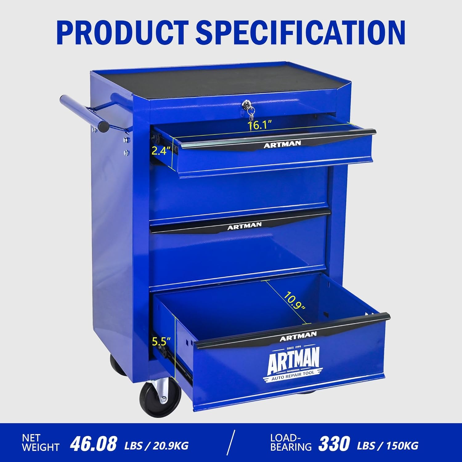 4 Drawers Tool Cart on Wheels, Multifunctional Rolling Tool Chest, Drawers Mobile Trolley Organizer Heavy Duty Tools Box with Locking Wheels & Ball Bearing Drawers (Blue, 4 Drawers)