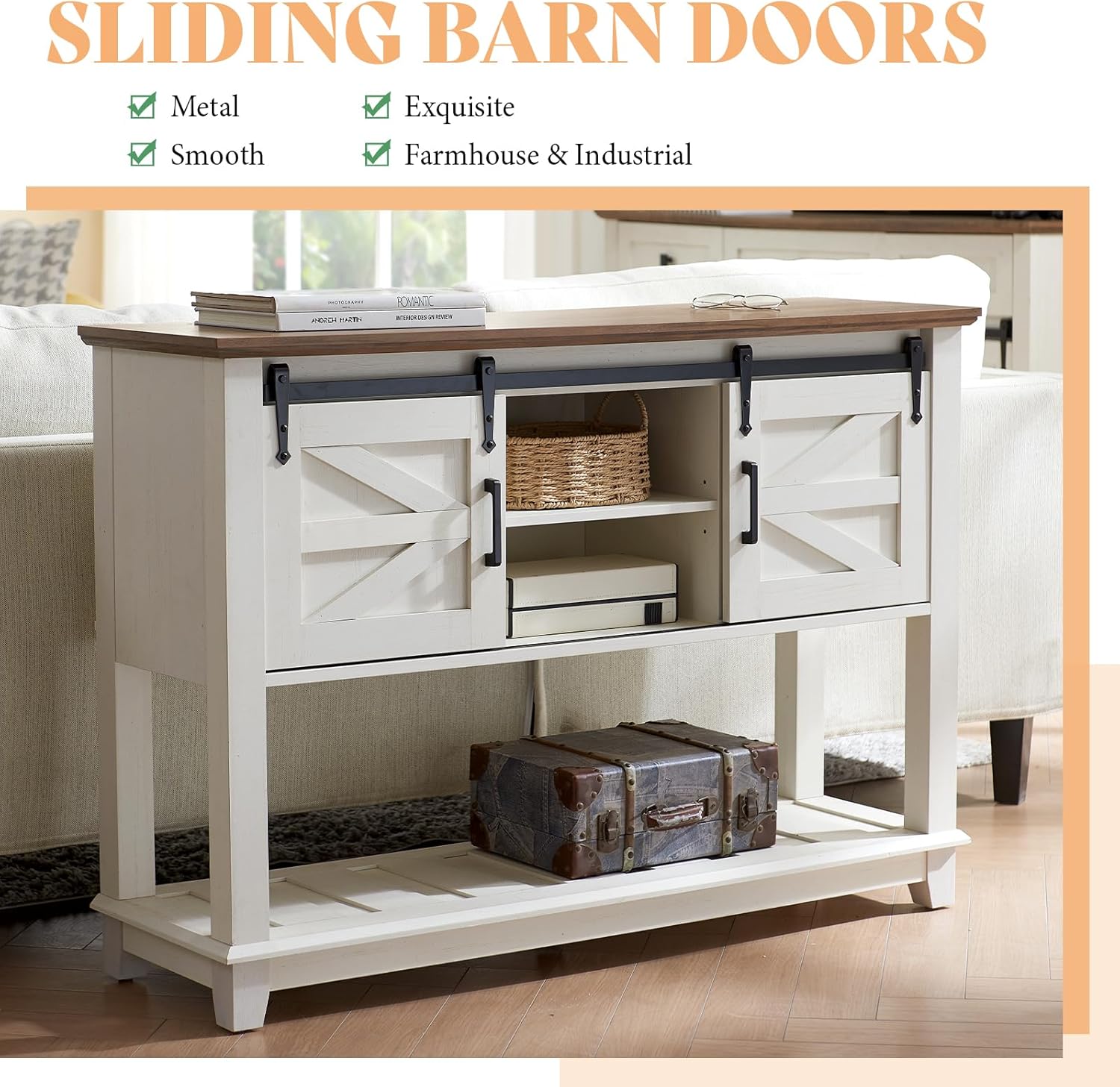AMERLIFE Sofa Table with Sliding Barn Doors, TV Console Table, 46" Farmhouse Rustic Storage Entryway Table, Adjustable Open Shelves, Hallway, Living Room, Bedroom, Antique White