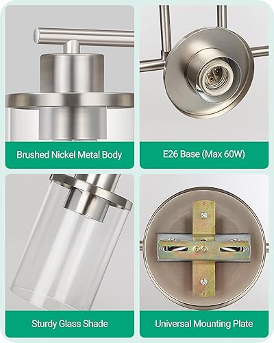 Miniatura 4 de EDISHINE Lámparas de baño, lámpara de tocador de baño de 3 luces sobre espejo, apliques de pared de níquel cepillado con pantalla de vidrio