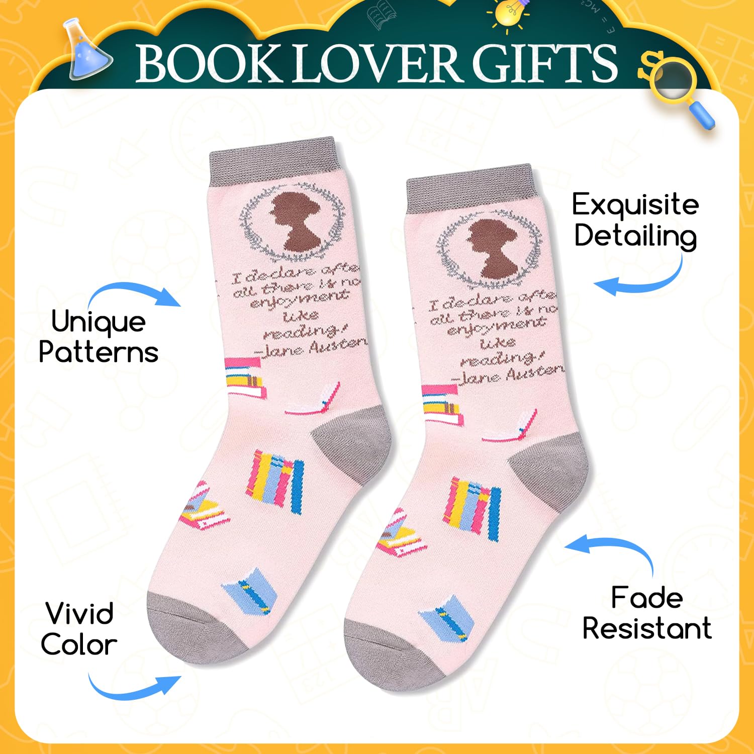 HAPPYPOP Funny Readig Socks for Women - Math Jane Book Gifts, Pencil Library Card Gifts