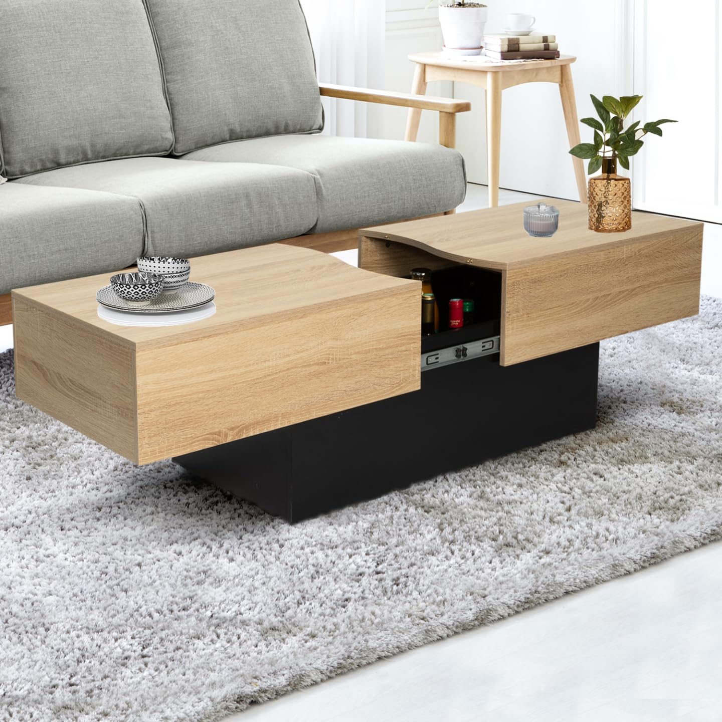 IDMarket - Table Basse coulissante Marta Noir et Bois