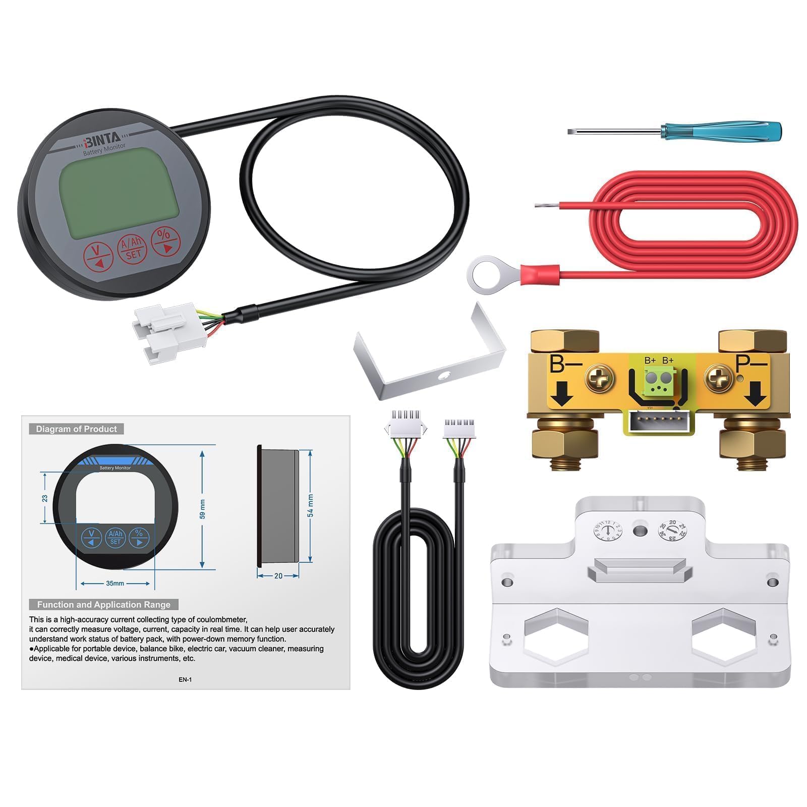 BINTA Monitor Batteria,Retroilluminato Indicatore di Livello della Batteria 8-120V 500A Tensione Impermeabile per Camper/RV/Auto/Barche/Solare con 3m Cavo Schermato,linea Positiva
