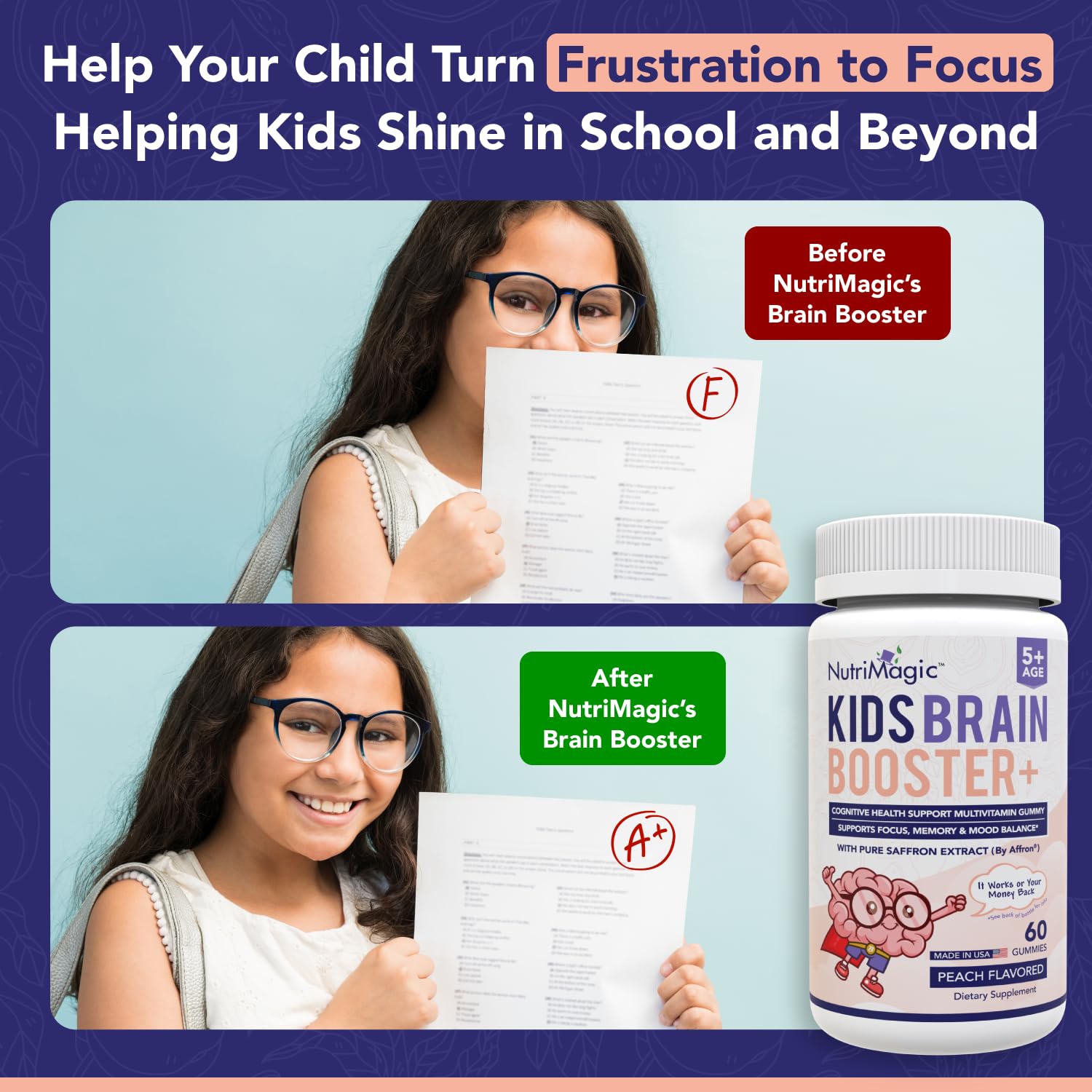 NutriMagic Kids Brain Booster+ Saffron Extract, 2IN1 Cognitive Support & Multivitamin D3, B6, B12, Zinc Gummies Supplement, Supports Focus, Attention, Memory, Mood Balance - 60 Peach Gummies — Amazon image 6