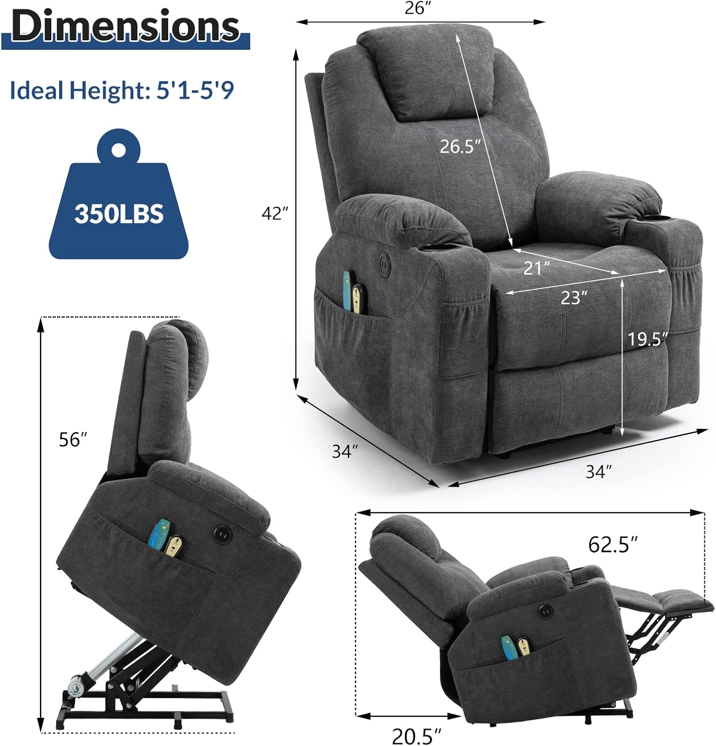 Power Lift Recliner Chair for Elderly, Heavy Duty Lift Chair with Heat and Massage, Soft Fabric Recliner Chair with 2 Remote Controls, Cup Holders, Side Pockets & USB Ports (Grey)