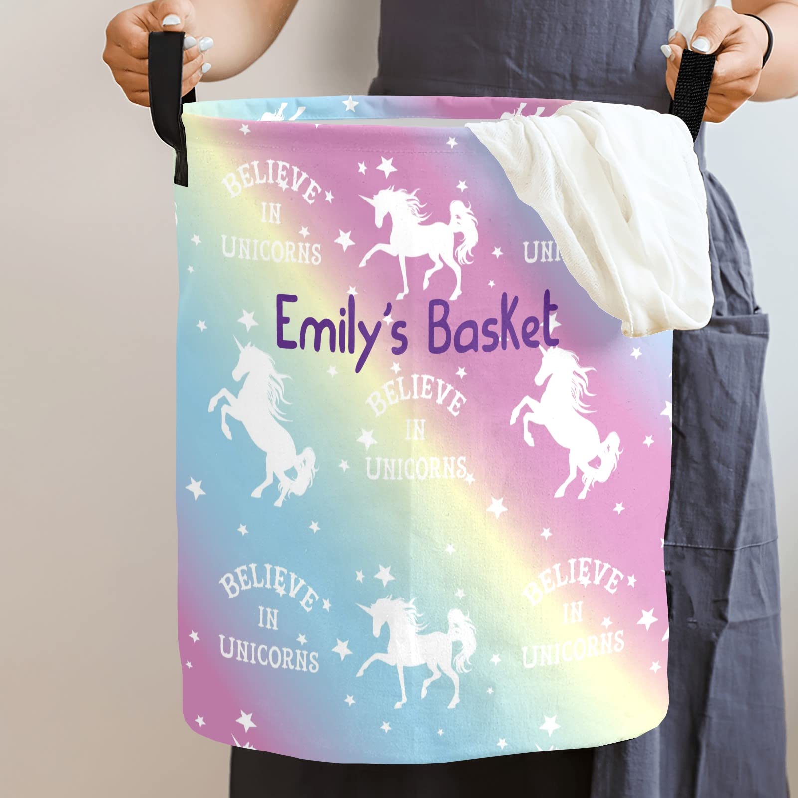 Rainbow Unicorn Personalized Freestanding Laundry Hamper, Custom Waterproof Collapsible Drawstring Basket Storage Bins with Handle for Clothes