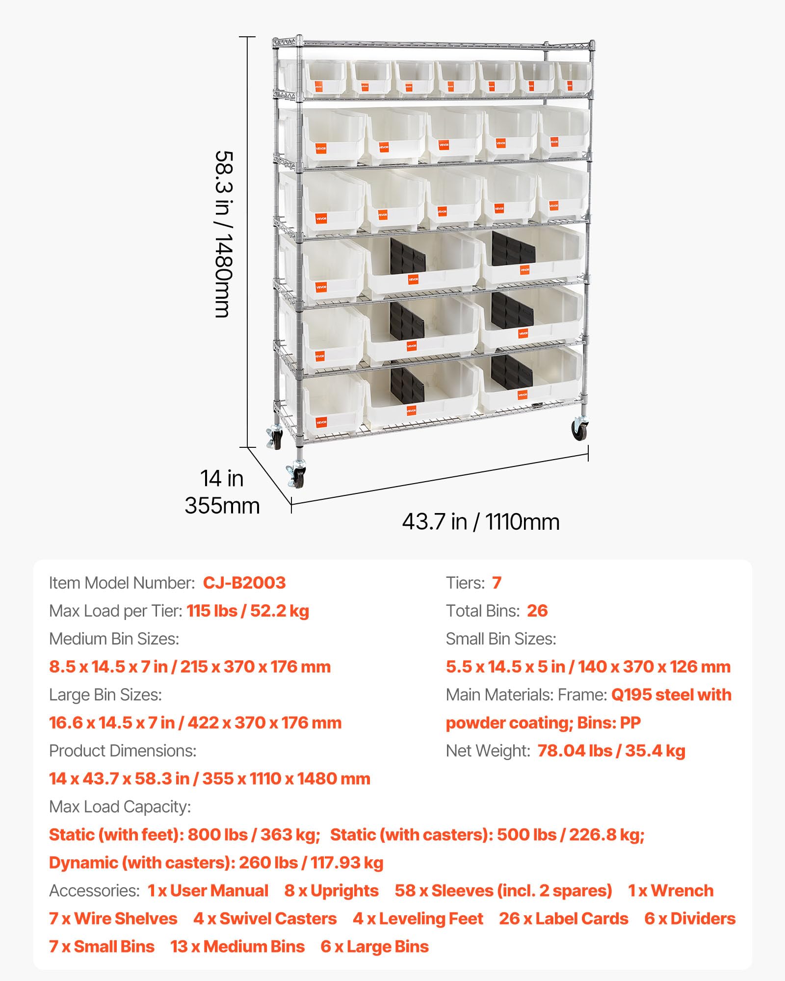 VEVOR Standregal, Lagerregal mit 7 Ebenen & 26 Stapelboxen, Bücherregal, Küchenregal mit Rollen, Fahrregal für Garage, Lager, Büro, Restaurant, Klassenzimmer, Küche, 355x1110x1480 mm