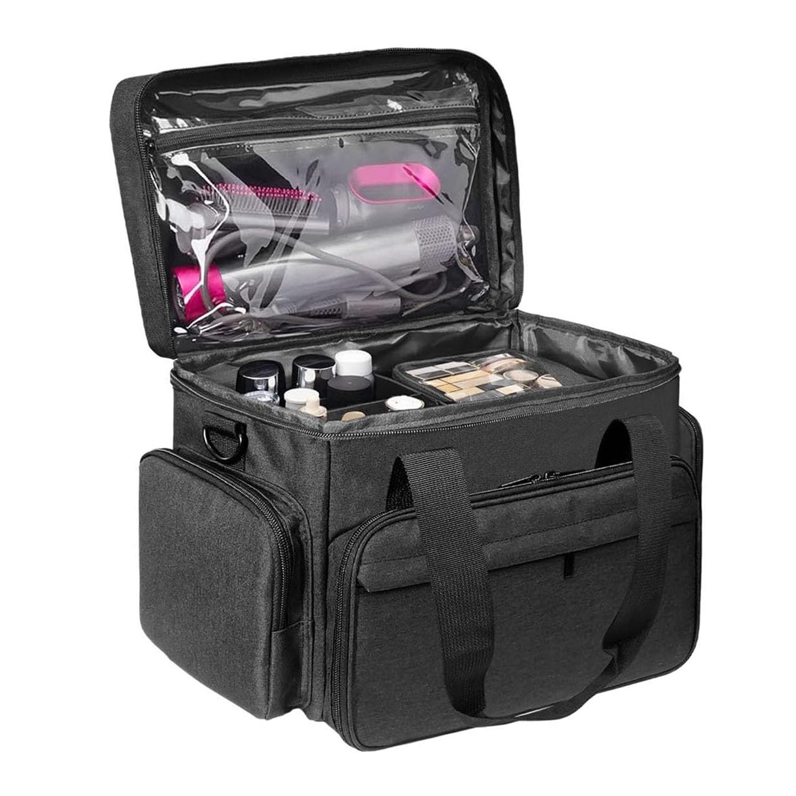 Grande borsa per il trucco con 2 tasche rimovibili, divisori staccabili e tracolla, borsa organizer professionale da viaggio per cosmetici, accessori per capelli, articoli da toeletta, salone di