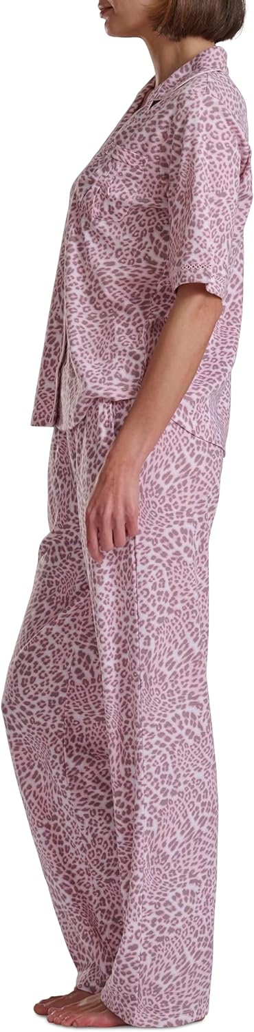 Karen Neuburger Women's [Petite] Button Up Notch Collar Elbow Sleeve Top and Pant Bottom with Lace 2-Piece Pajama Set - Image 4