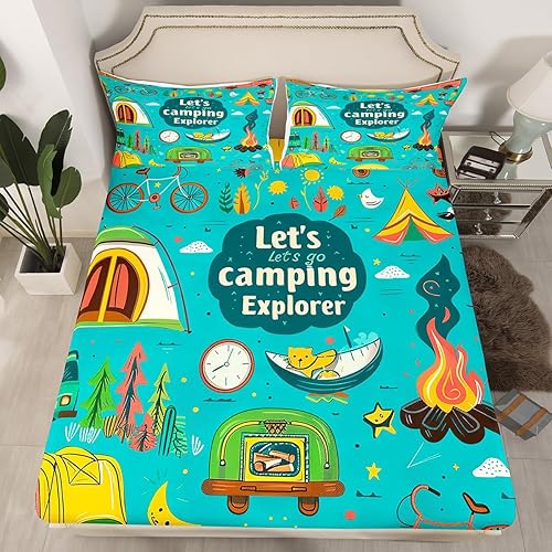 Miniatura 7 de Erosebridal Happy Camping - Juego de sábanas bajeras para niños, adolescentes y adultos, decoración de dormitorio de dibujos animados, sábanas de