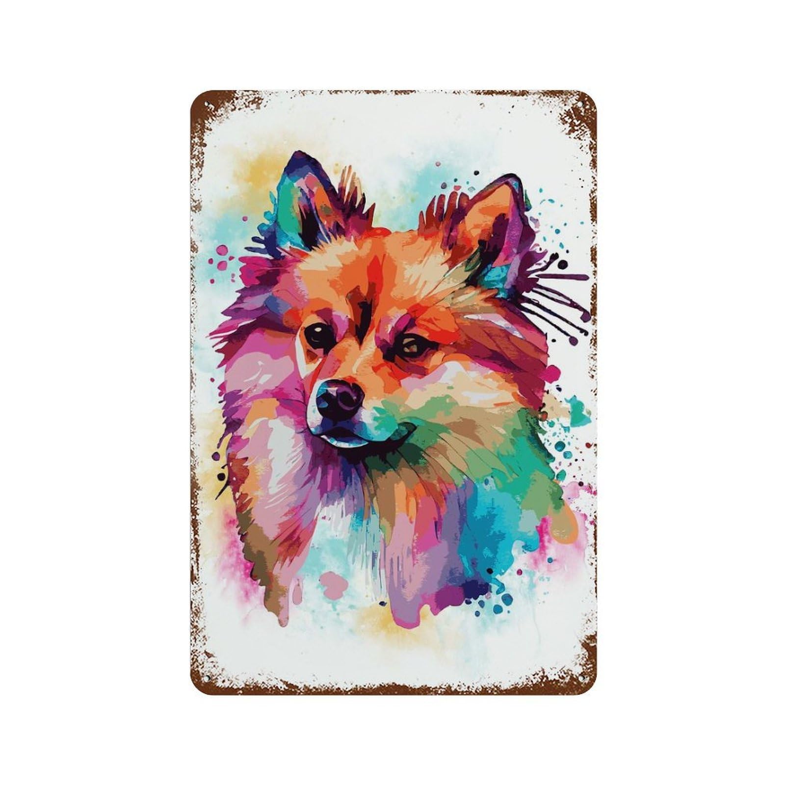 Watercolor Spitz Painting Weathered Tin Sign 11.8"x7.9", Ideal for Shed, Workshop And Garage Wall Decor