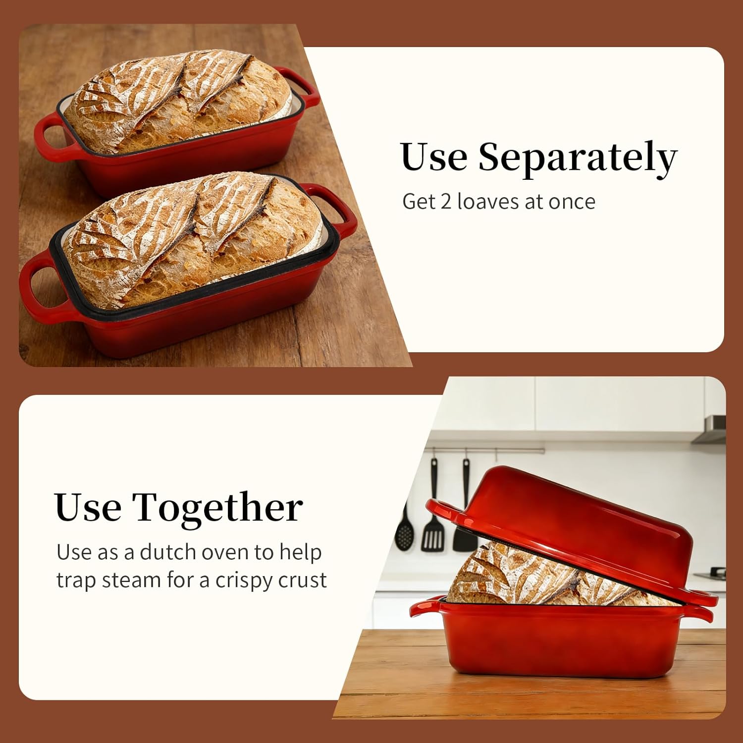 FUNKYLEE Enameled Cast Iron Bread Pan with Lid, 2-in-1 Loaf Pan for Baking Bread 9x5, Professional Sourdough Bread Pan for Homemade Bread, Set of 2, Red