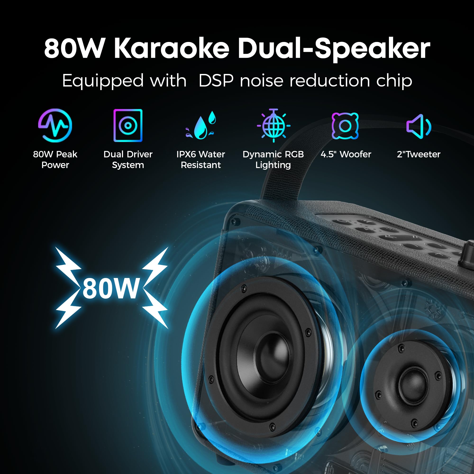 The Platinum Apollo Pro - Altoparlante portatile Bluetooth da esterno con 2 microfoni wireless, macchina per karaoke per adulti e bambini, batteria da 4000 mAh, supporto TWS/USB/TF/AUX, per casa e