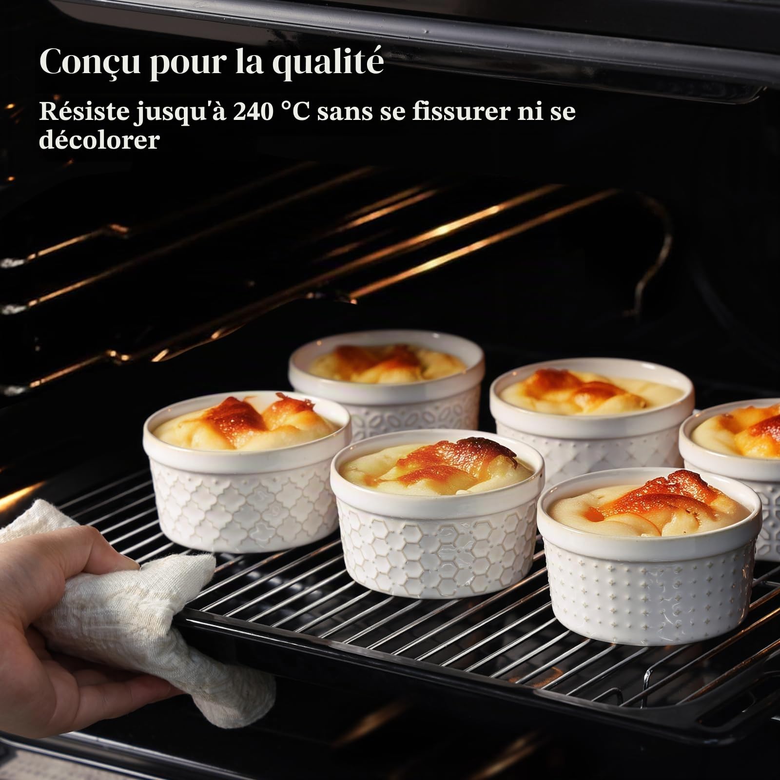 DOWAN Lot de 6 ramequins en porcelaine avec couvercles, ramequins pour crème brûlée, bols en céramique de 140 ml, résistants au four, pour soufflés, desserts, casseroles et trempettes