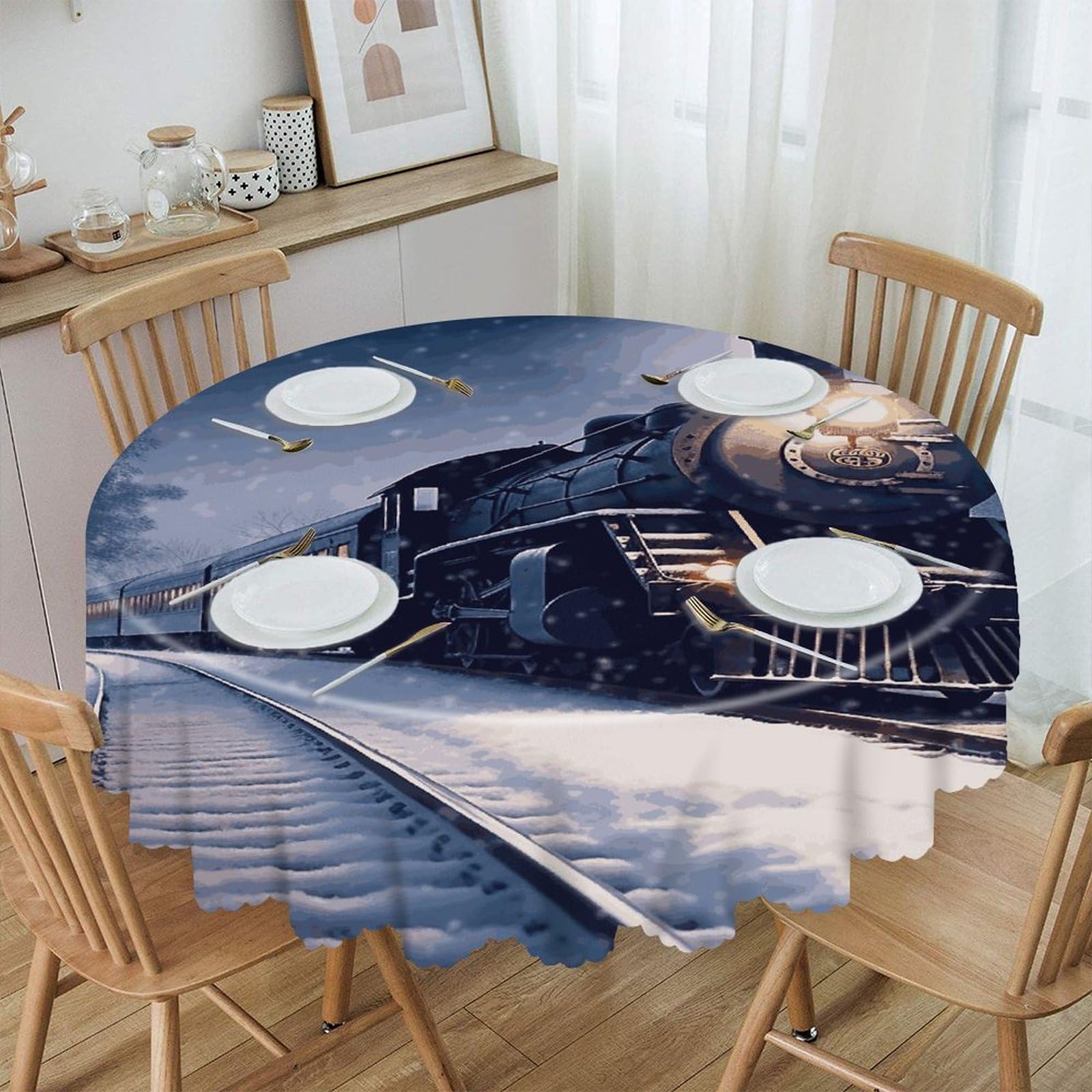 VstaDank Winter Christmas Snow Night Railway Train Round Tablecloth 60 Inch Easy to Clean Circle Table Cover Thick Decorative Round Polyester Table Cloth for Dining Kitchen Party Farmhouse Outdoor
