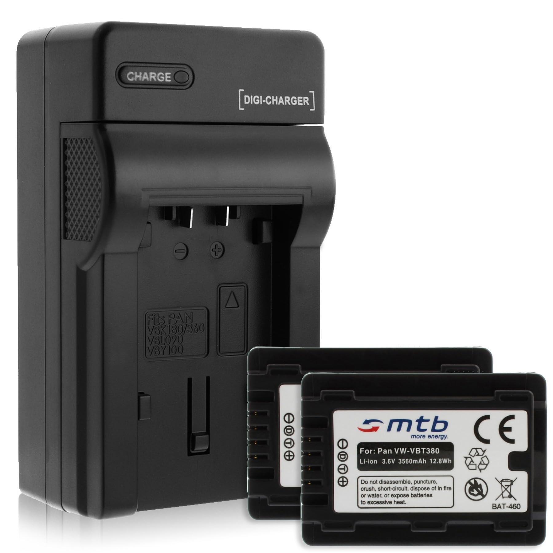 2 Batteries + Chargeur (Auto/Secteur) pour VW-VBT380 / Panasonic HC-V130, V160, 270, 380, V727... v. liste! Infochip: avec Affichage du Niveau de Batterie restant!