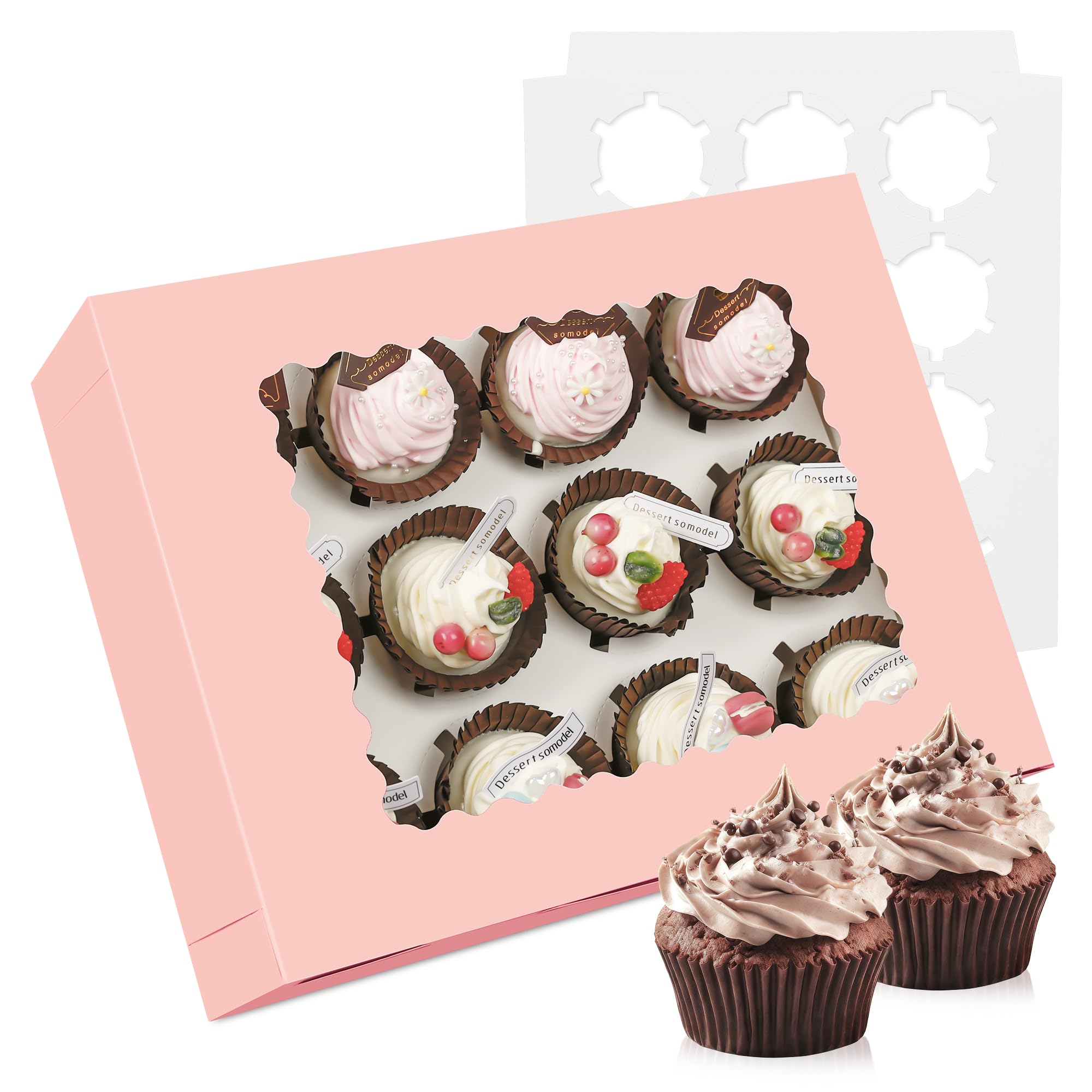 MonYouGe 6-Set Cupcake Boxes Bulk with Clear Display Window Hold 12 Standard Cupcakes, Disposable Food Grade Pink Cupcake Carrier Cupcake Container, Perfect for Cupcakes Muffins Cookies Pastries