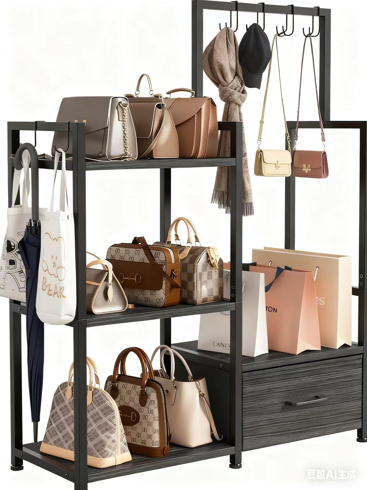 CCYRYY 3-Tier 6-Hook Metal Wood & Iron Purse Rack,Floor Standing Organizer with Drawer,Large-Capacity Floor Purse Rack for Closet (Black)