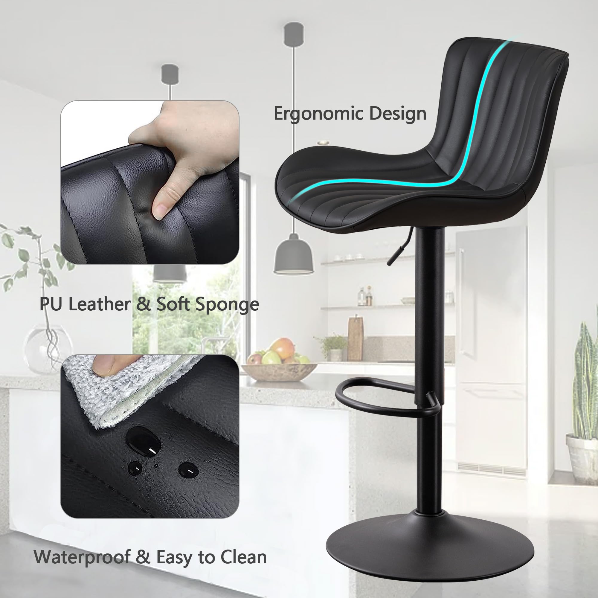 Kidol & Shellder Bar Stools Set of 2 Black High Back Barstools Counter