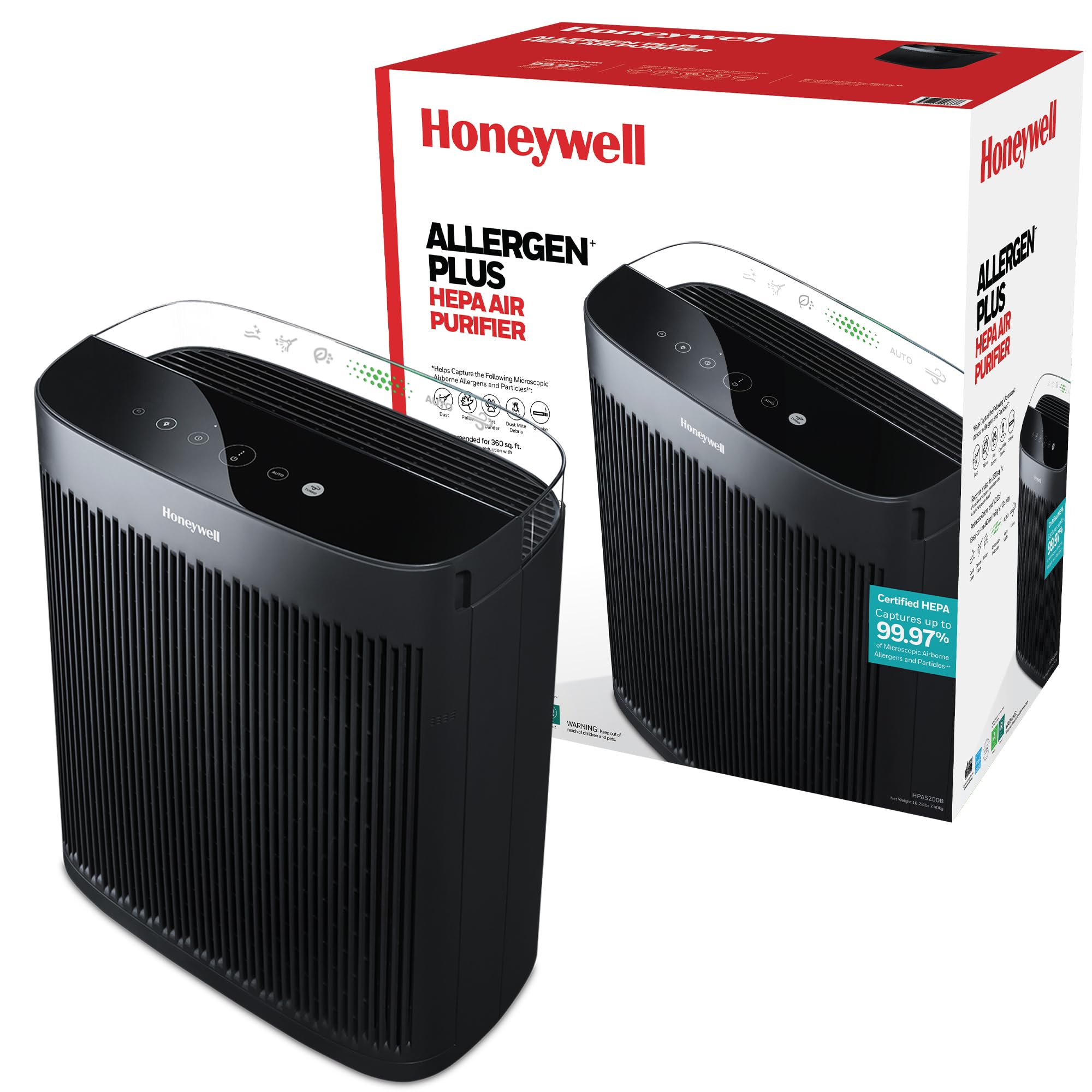 HEPA Air Purifier for Home, Large Rooms Up To 1700 ft² in 1 hr, Air Quality Indicator, Auto Mode, Reduces Allergens, Dust, Pollen, Smoke, Pet Dander, Black, HPA5200