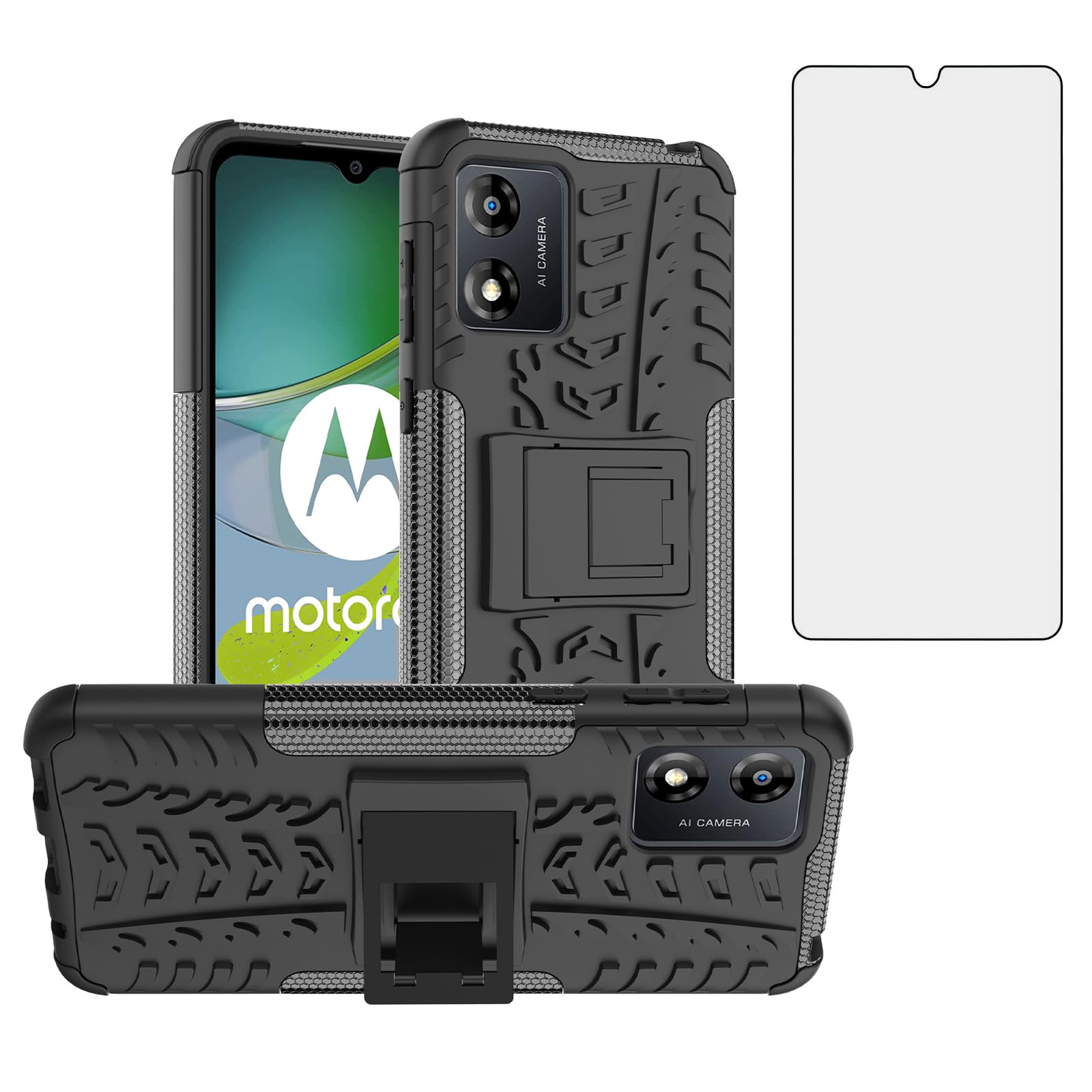 Asuwish Phone Case for Motorola Moto E13 with Tempered Glass Screen Protector Slim Stand Hybrid Heavy Duty Rugged Protective Cell Cover E 13 4G 2023