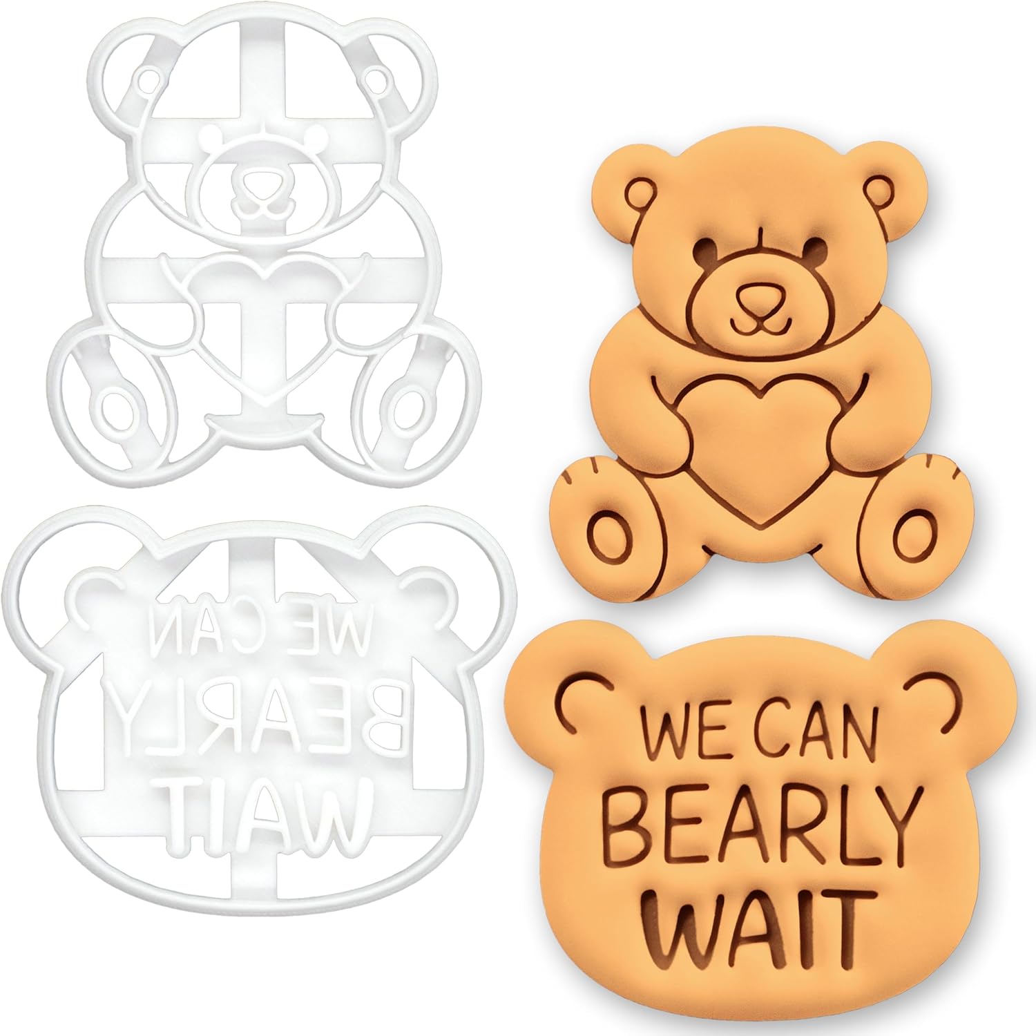 BAKERLOGY Set of 2 Baby Announcement Cookie Cutters – “We Can Bearly Wait” & Teddy Bear Love Design, Fondant Embossers for Pregnancy Reveal, Baby Shower Cookies, Gender Reveal Cake Decoration Tool