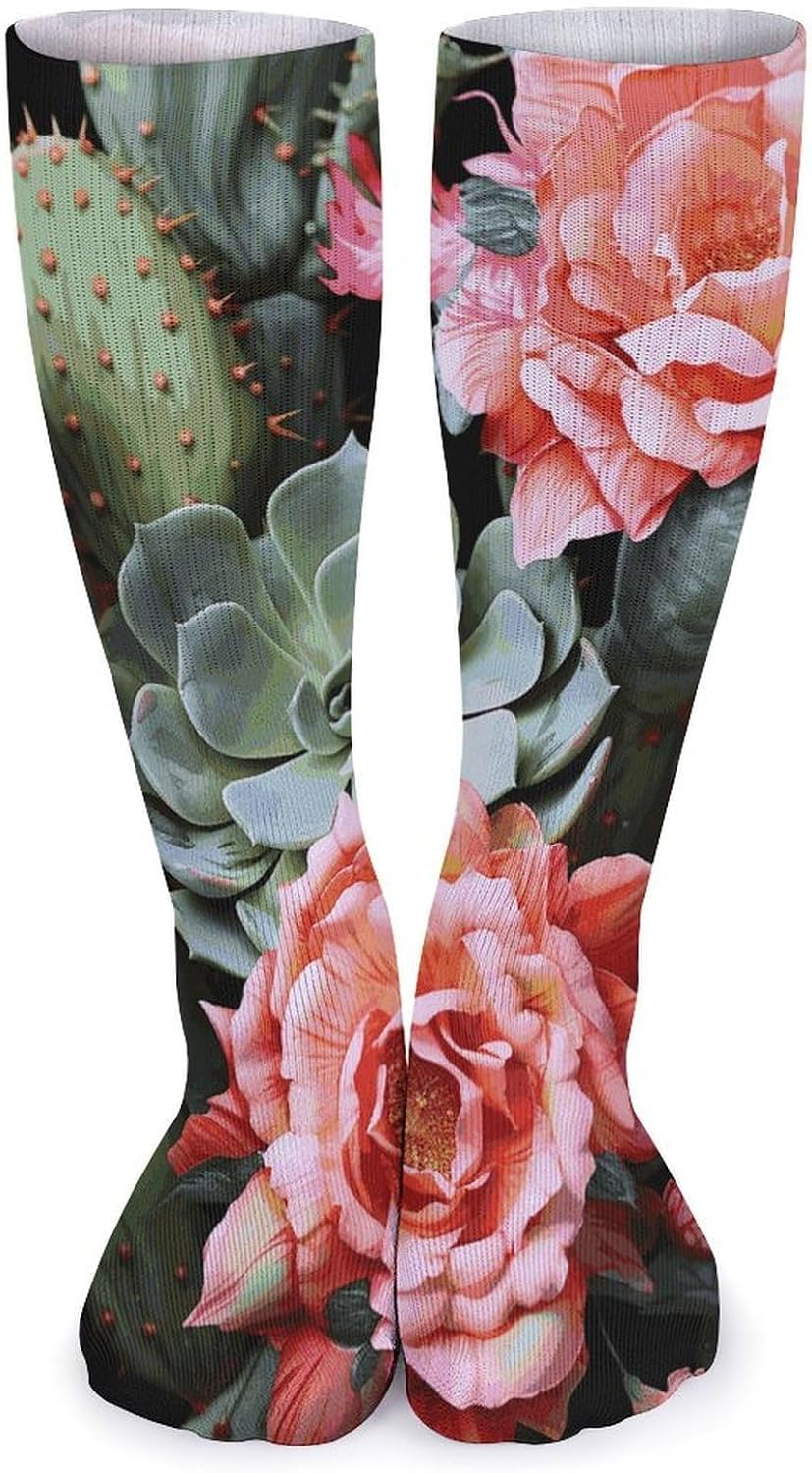 5-Pack Knee High Socks, 15.7 Inch Breathable Casual Socks Roses Flowers And Cactus Stockings for Men Women