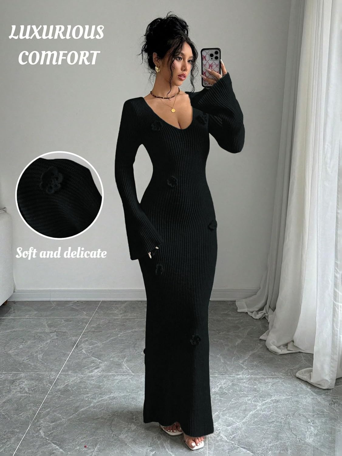 SISKIN Maxi Slimming Fitted Sweater Dress Long Sleeve Ribbed Bodycon Knit Winter Baby Shower Dress