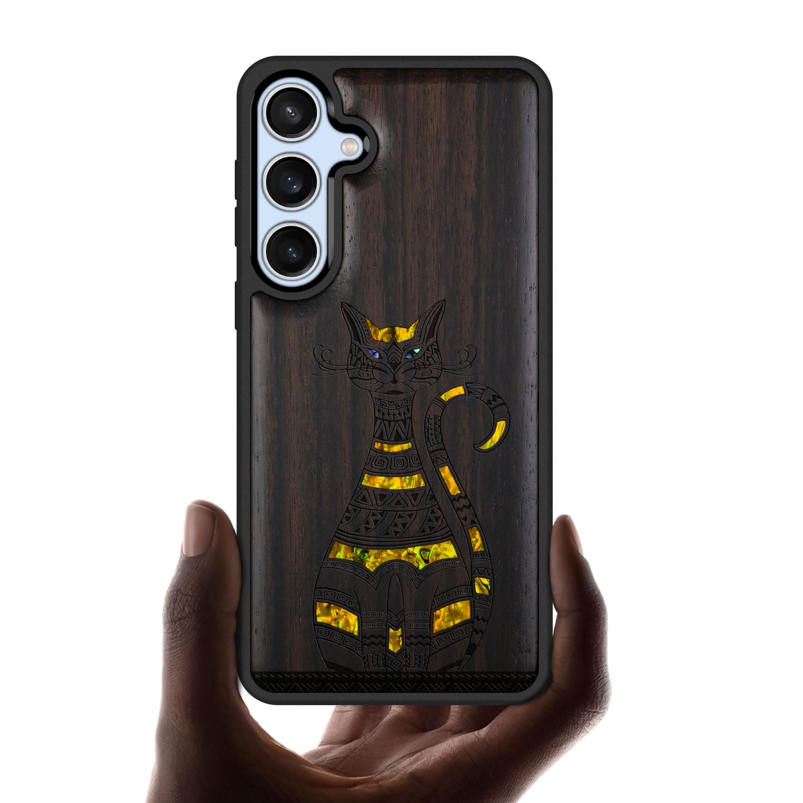 Coque Galaxy S24 FE en bois sombre gravé avec incrustation coquille unique - 7