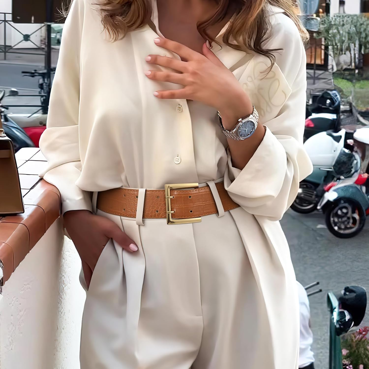 SANSTHS Women Wide Leather Belt for Dresses Jeans Fashion Gold Buckle Ladies Waist Thick Belt - Image 3