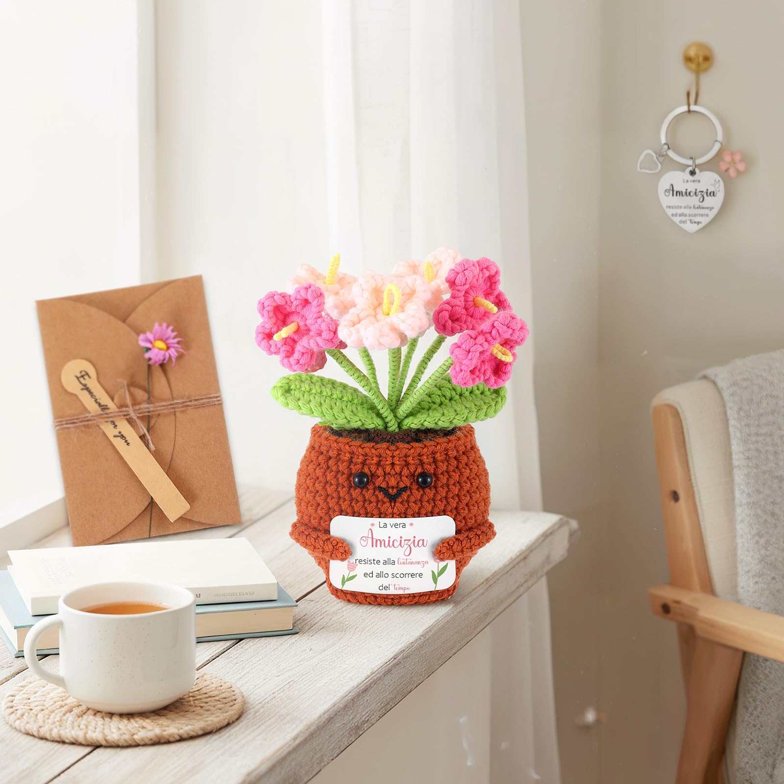 Skylety 3 Regali per Amica Sorella Maestra Piante in Vaso Lavorate a Maglia Portachiavi Biglietti di Auguri con Fiori Secchi Regalo di Ringraziamento per Natale Compleanno