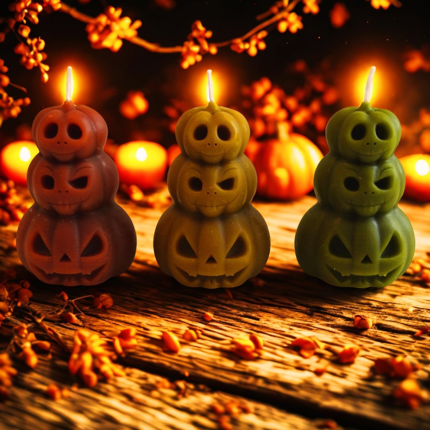 Beeswax Candles Set of 3 – Halloween Pumpkin Candles, Spooky Jack O’ Lantern Design, Handmade Fall Home Decor, Halloween Table Decoration & Gift