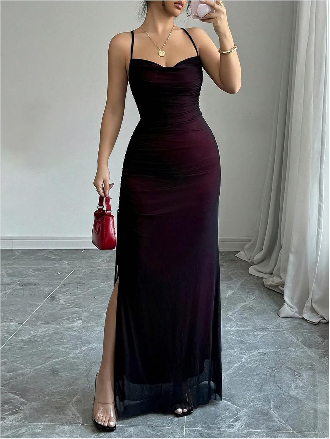 GORGLITTER Women's Mesh Maxi Dress Backless Wedding Guest Dress Ruched Drawstring Bodycon Cami Party Cocktail Dresses - Image 5