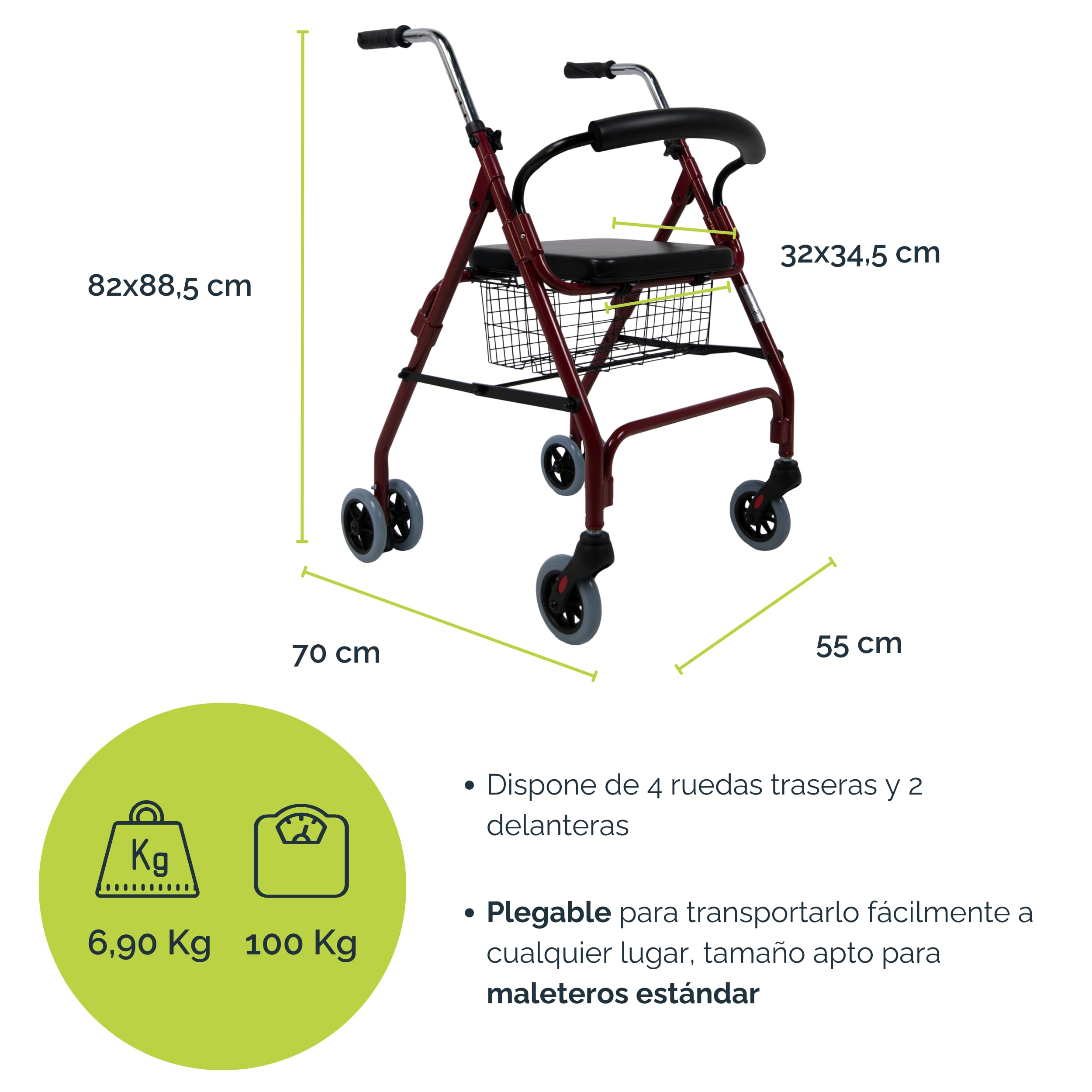 Sanitec - Andador Rollator con Frenos por Presión | Andador para Ancianos Plegable | Andadores Adultos con Estructura de Aluminio Ligero | Andador con Asiento y Cesta | Andadores para Ancianos