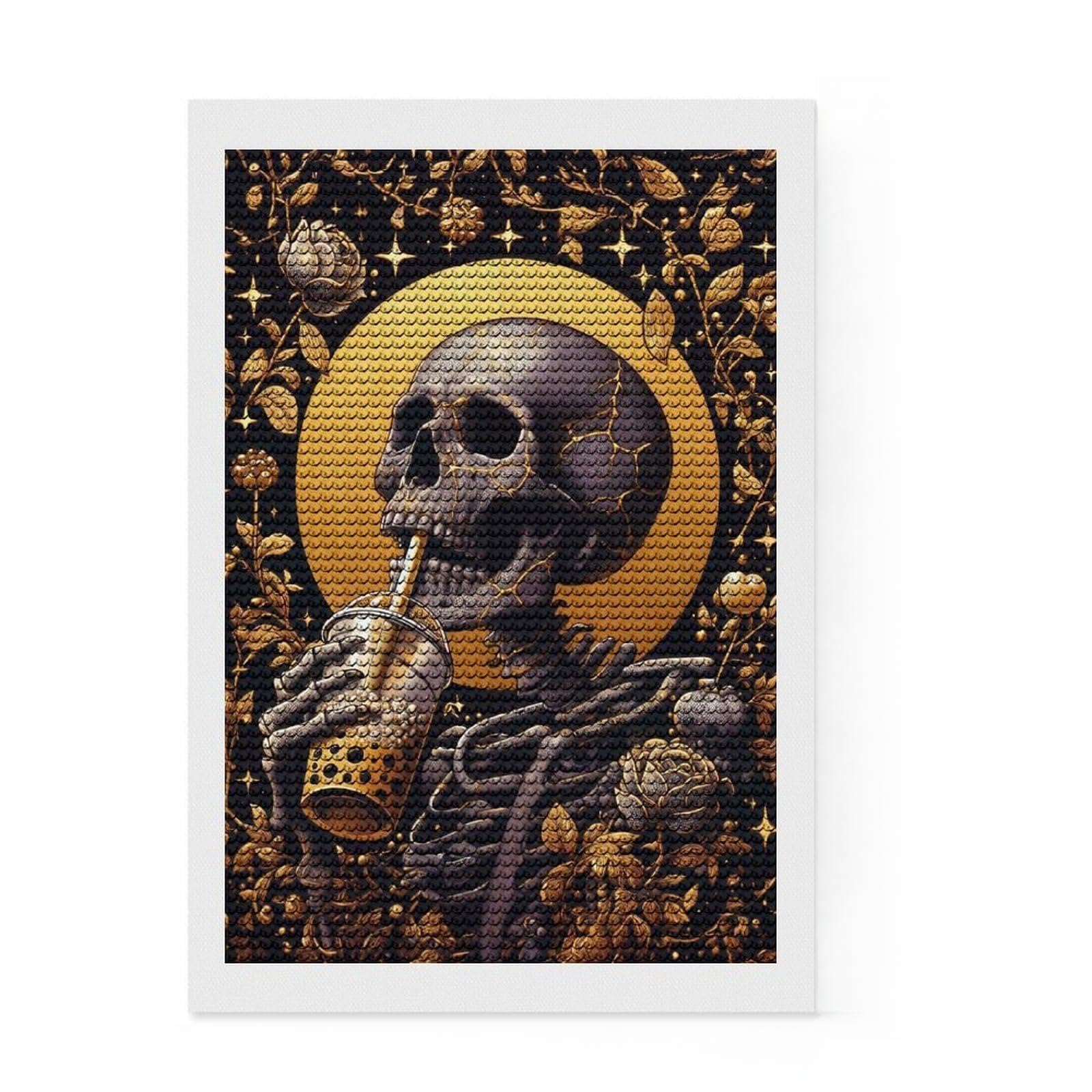 Junmoney Skeleton Loves Bubble Tea Diamond Painting Canvas Set 8"x12", for Craft Lovers, Nice Detail and Sparkle, Boho Decor, Birthday Gift
