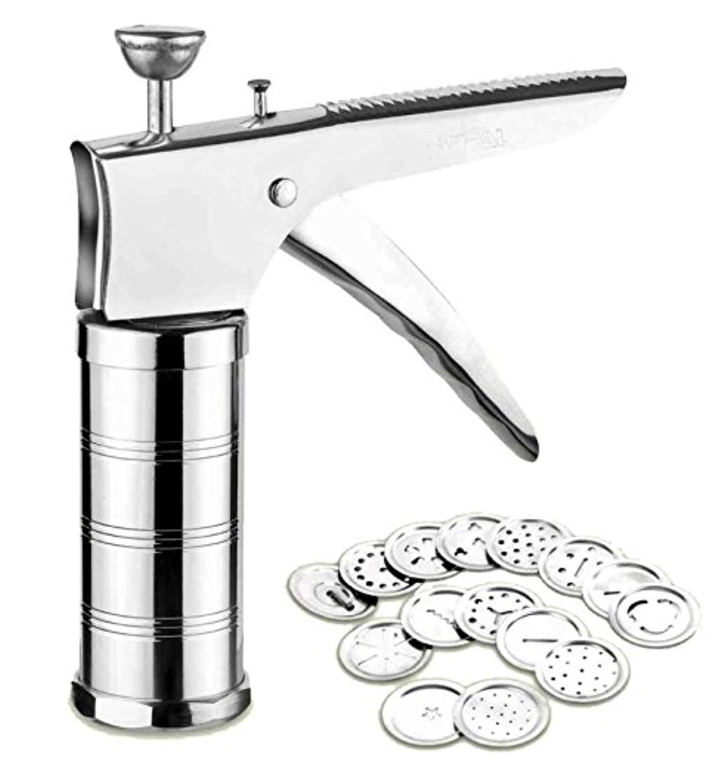 2Mech Stainless Steel Kitchen Press with 15 Different Types of Jalies,Sev Maker/Idiyappam Press/Murruku Machine/Cookies/Sev/Noodle/Namkeen Press Kitchen Utensils sev Maker/Gathiya Maker (Silver)