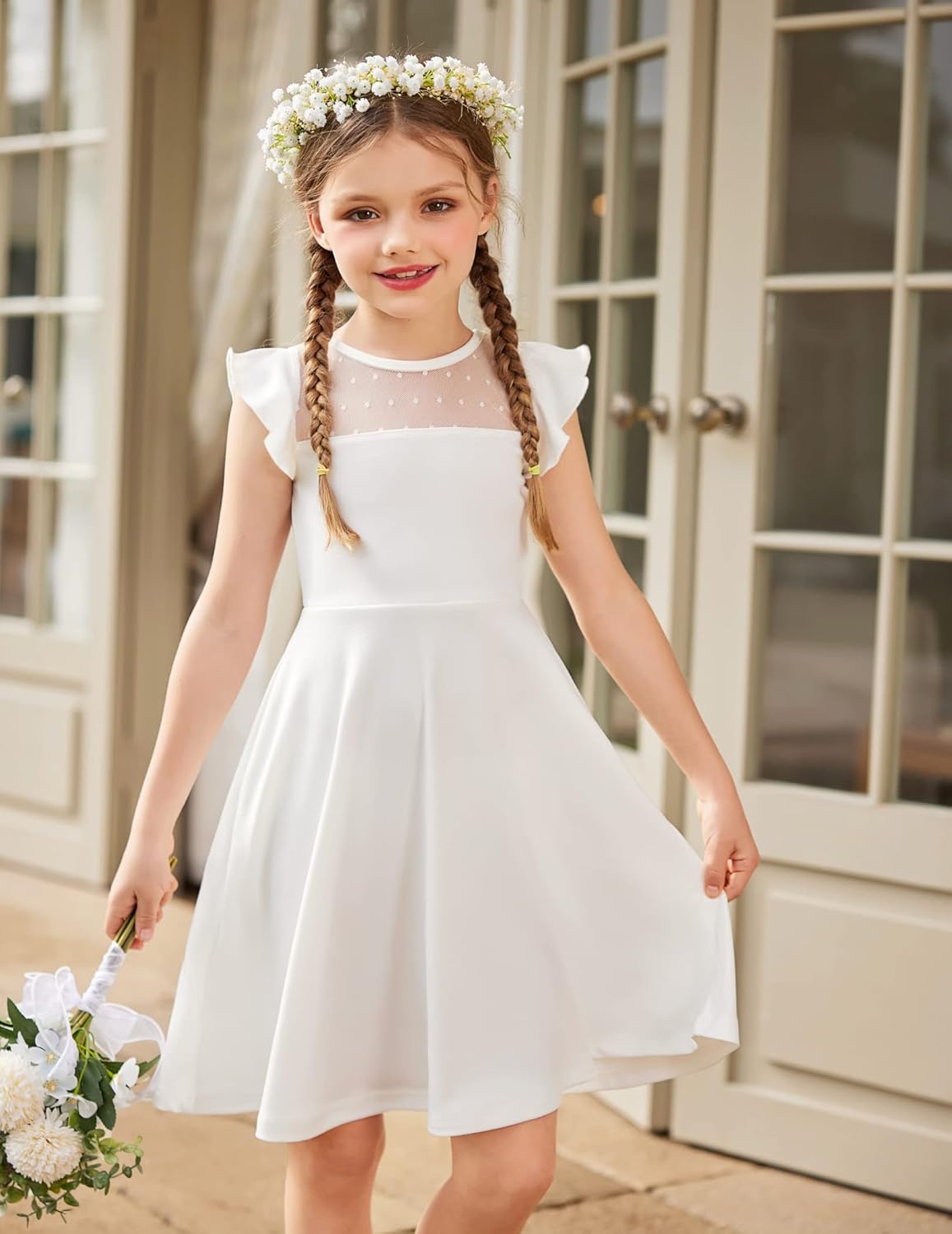 Arshiner Girls Dress Summer Ruffle Sleeve Mesh A Line Casual Party Dresses with Pockets 6-13 Years